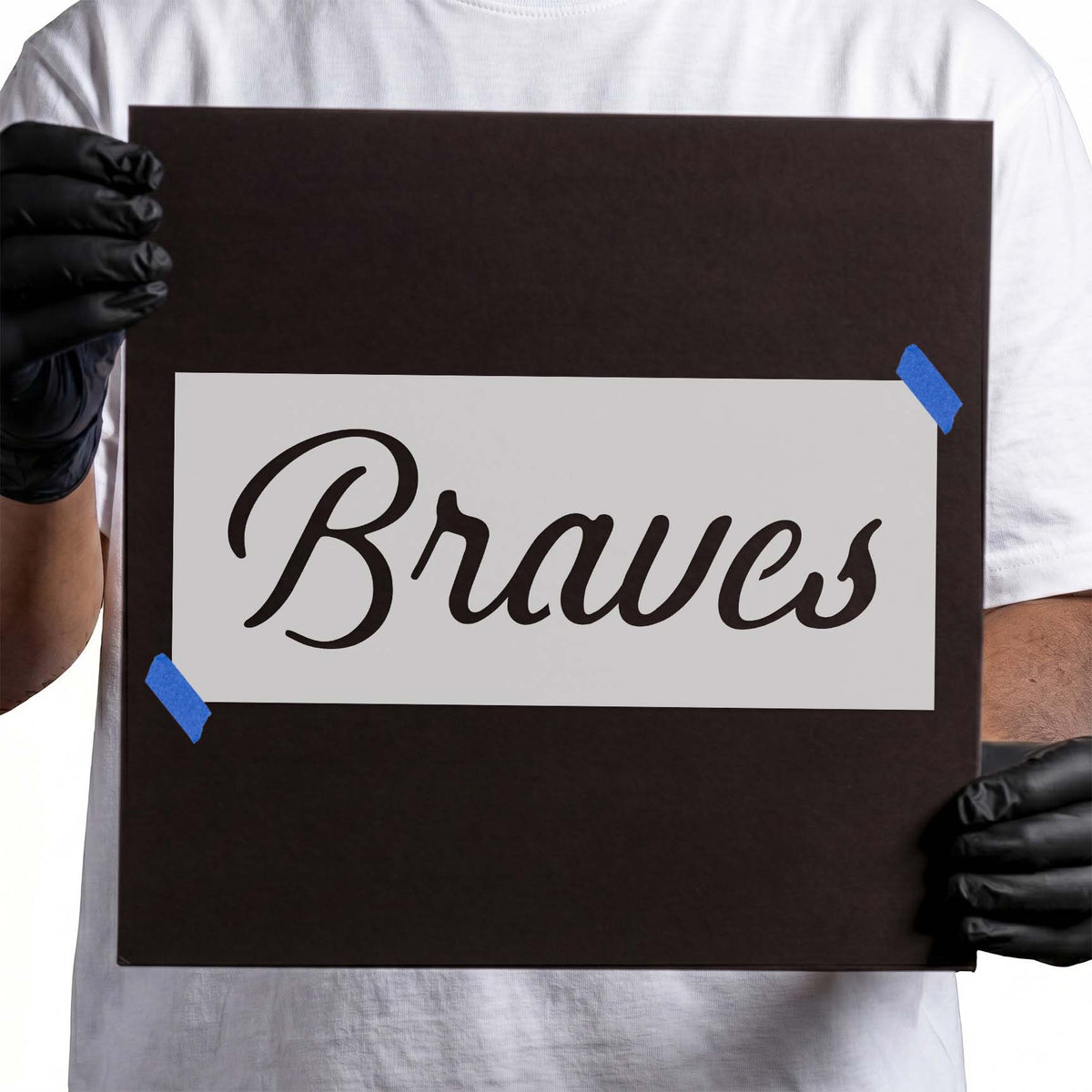 Braves stencil with bold flowing script and connected lettering