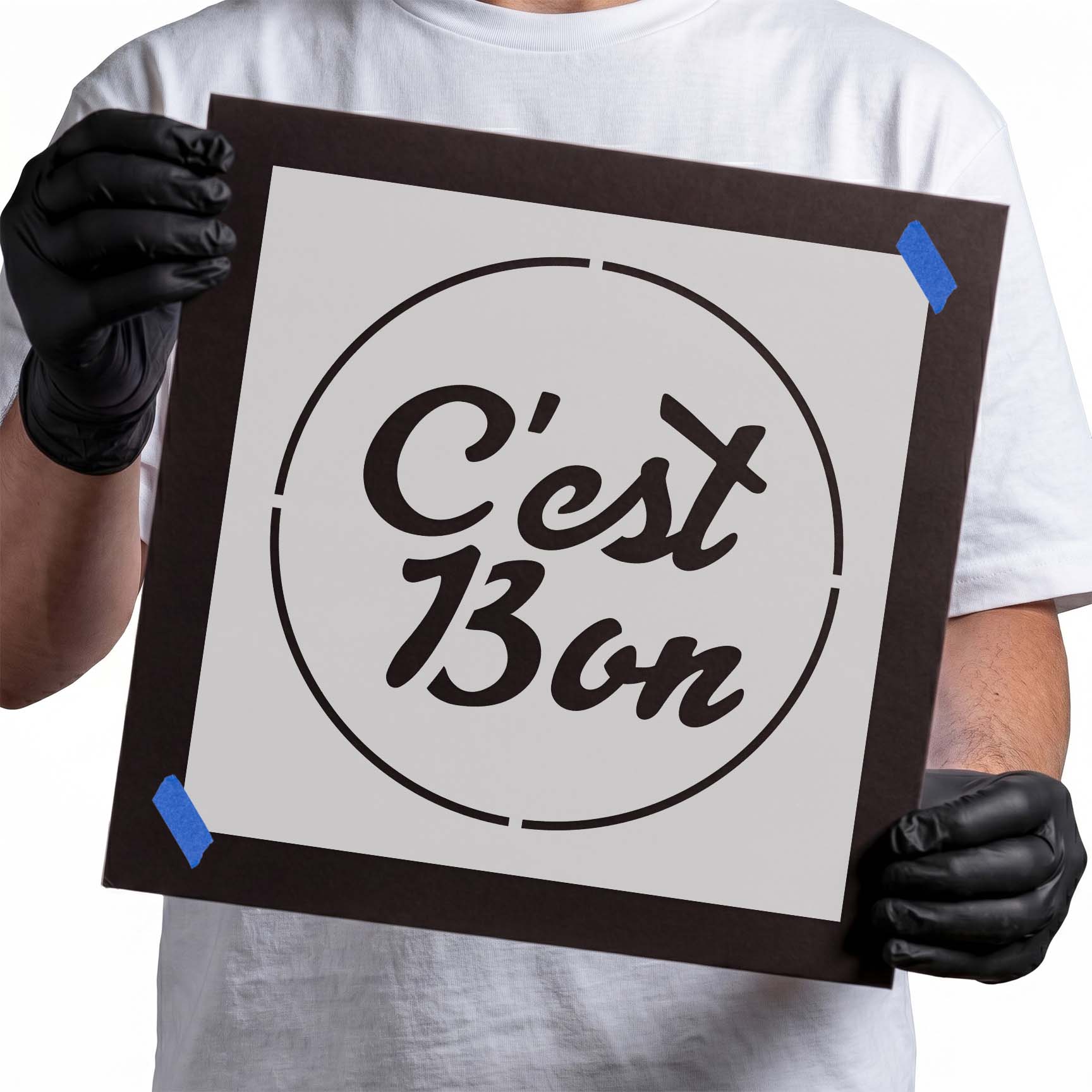 C'est Bon stencil lettering in flowing script with circular border