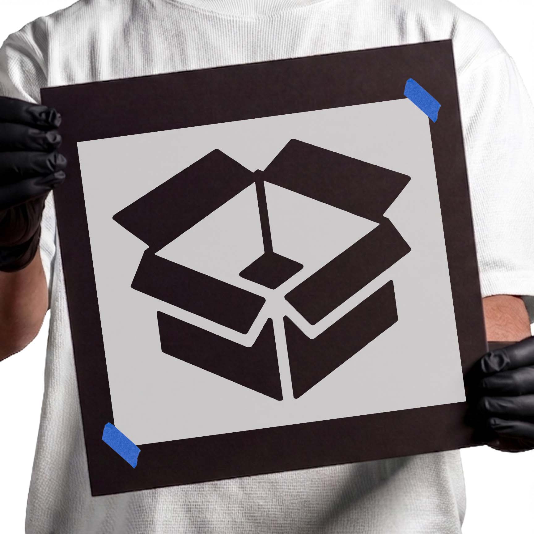 Open cardboard box icon stencil with unfolded shipping box design
