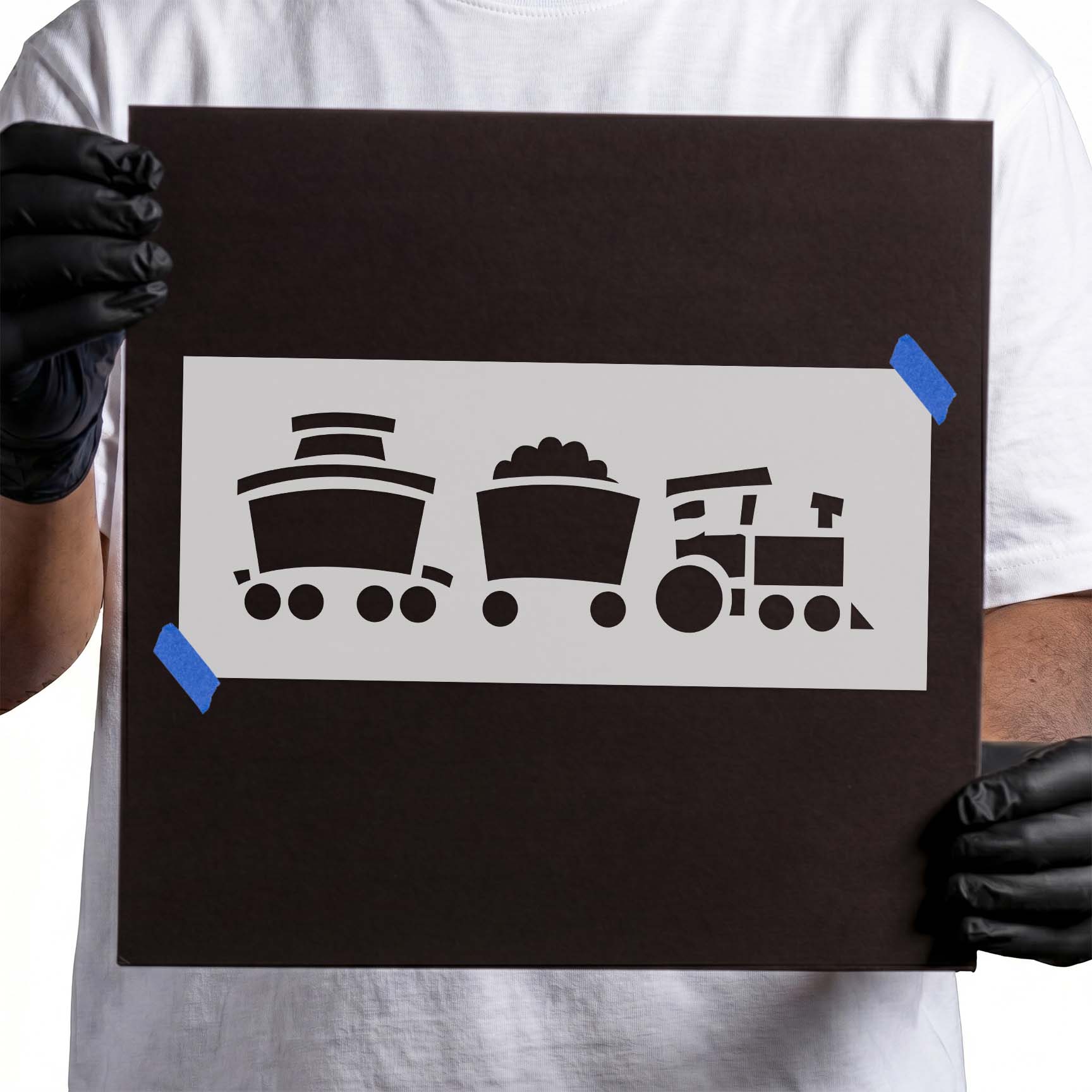 Cartoon train stencil with locomotive and two connected cars