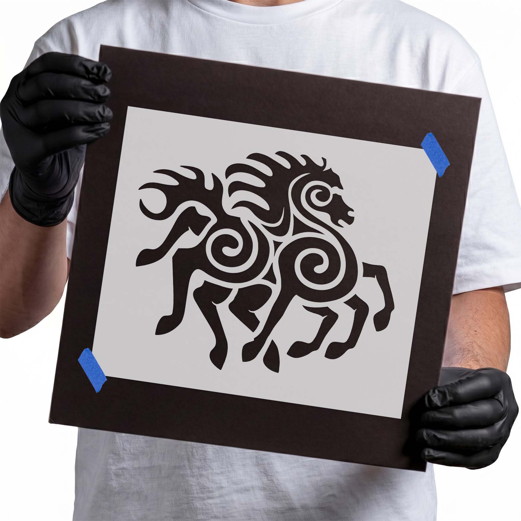Two Celtic horses stencil with flowing spiral details