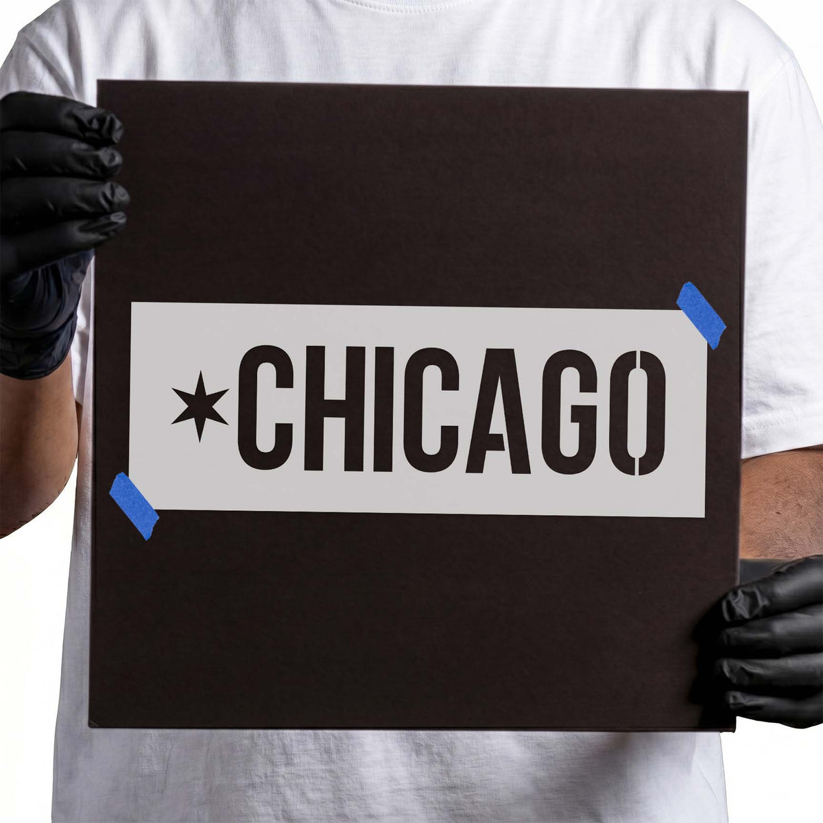Chicago stencil with bold lettering and six-point star