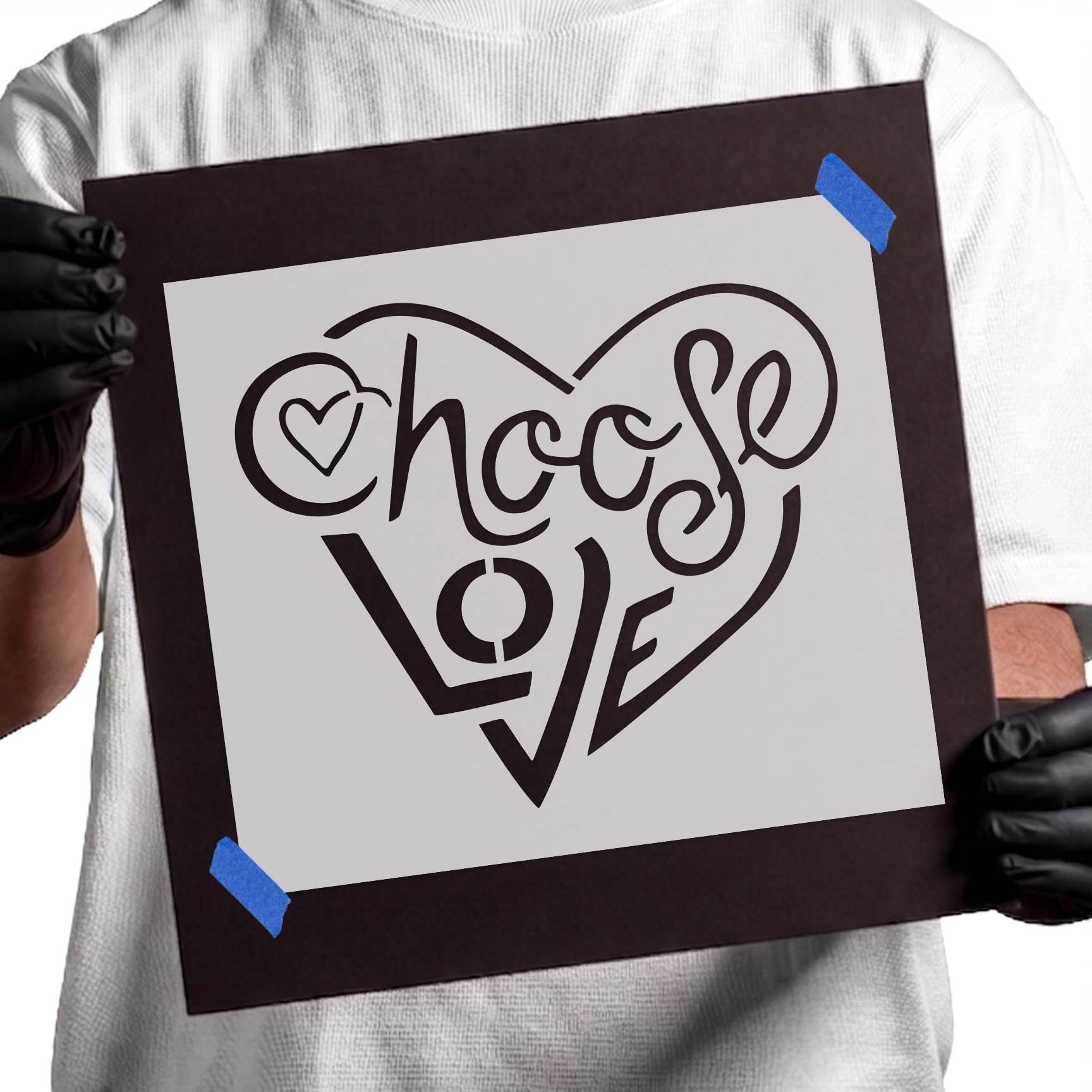 Choose Love stencil lettering framed by heart-shaped lines and heart accent