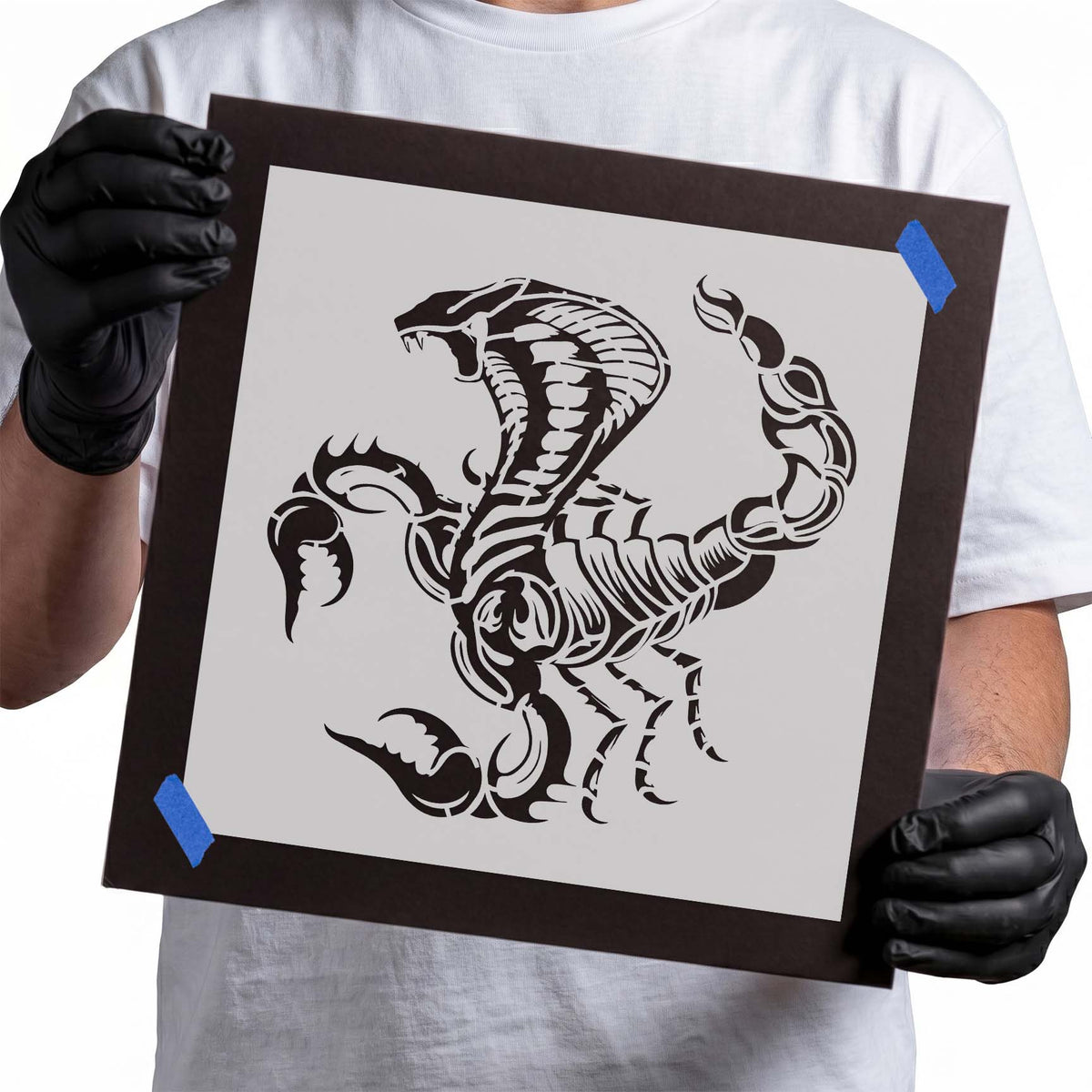 Detailed cobra and scorpion stencil with intertwined animal design