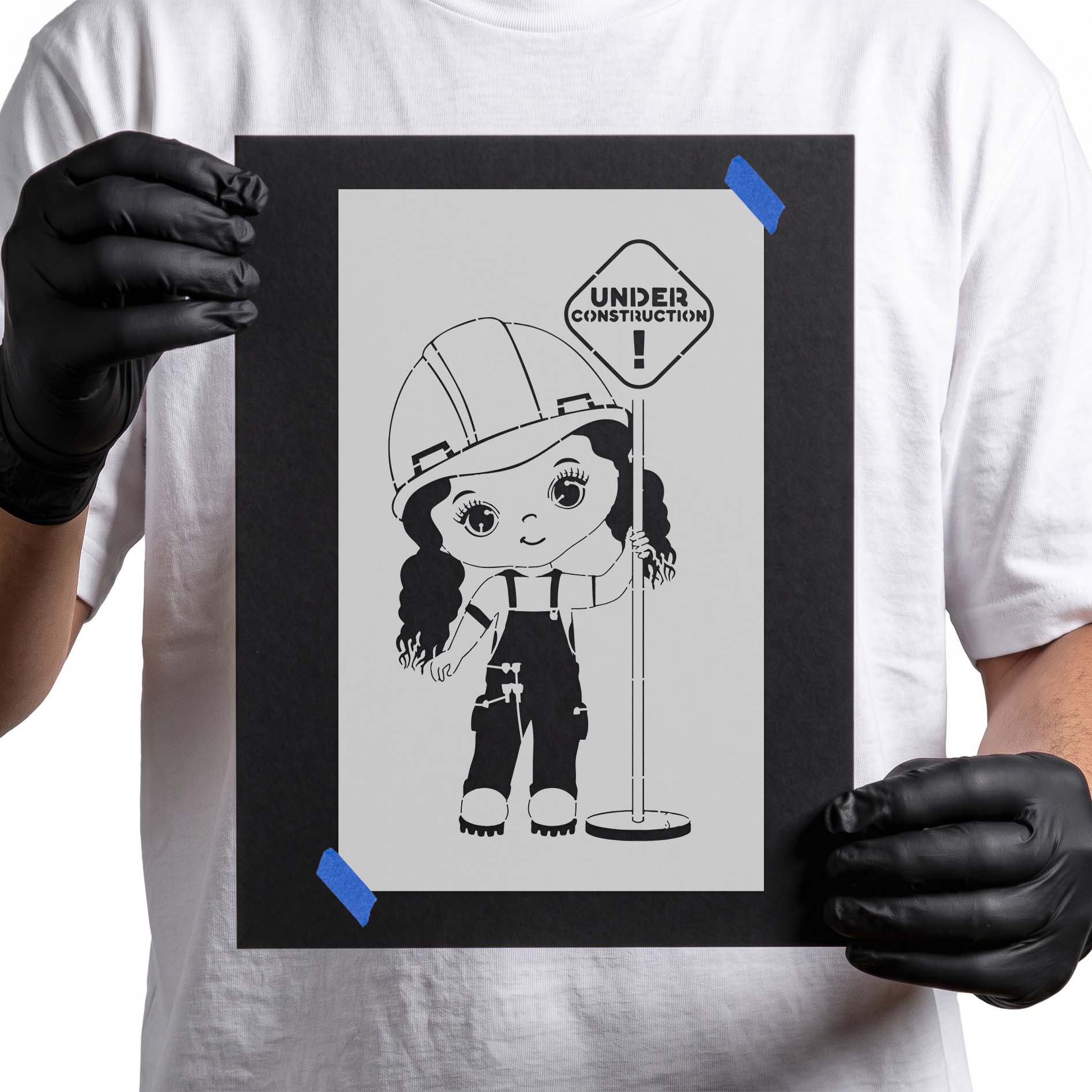 Construction girl stencil with hard hat and Under Construction sign