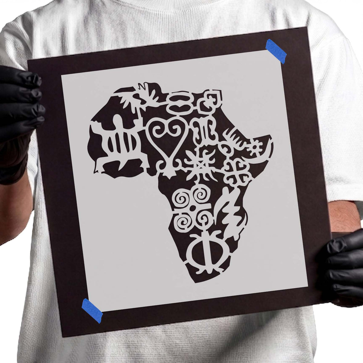 Africa stencil filled with intricate symbols and decorative abstract motifs