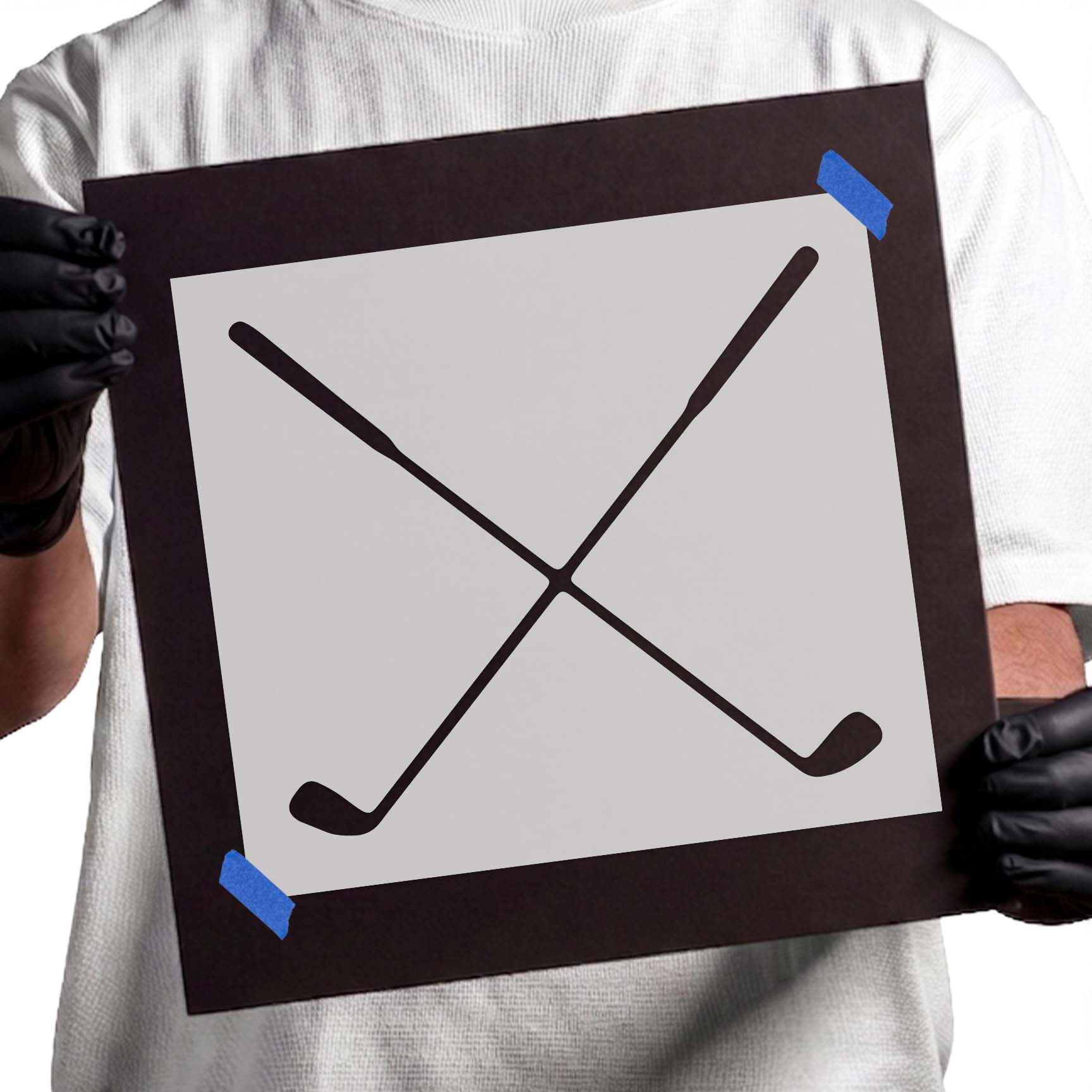 Crossed golf club stencil with two intersecting irons