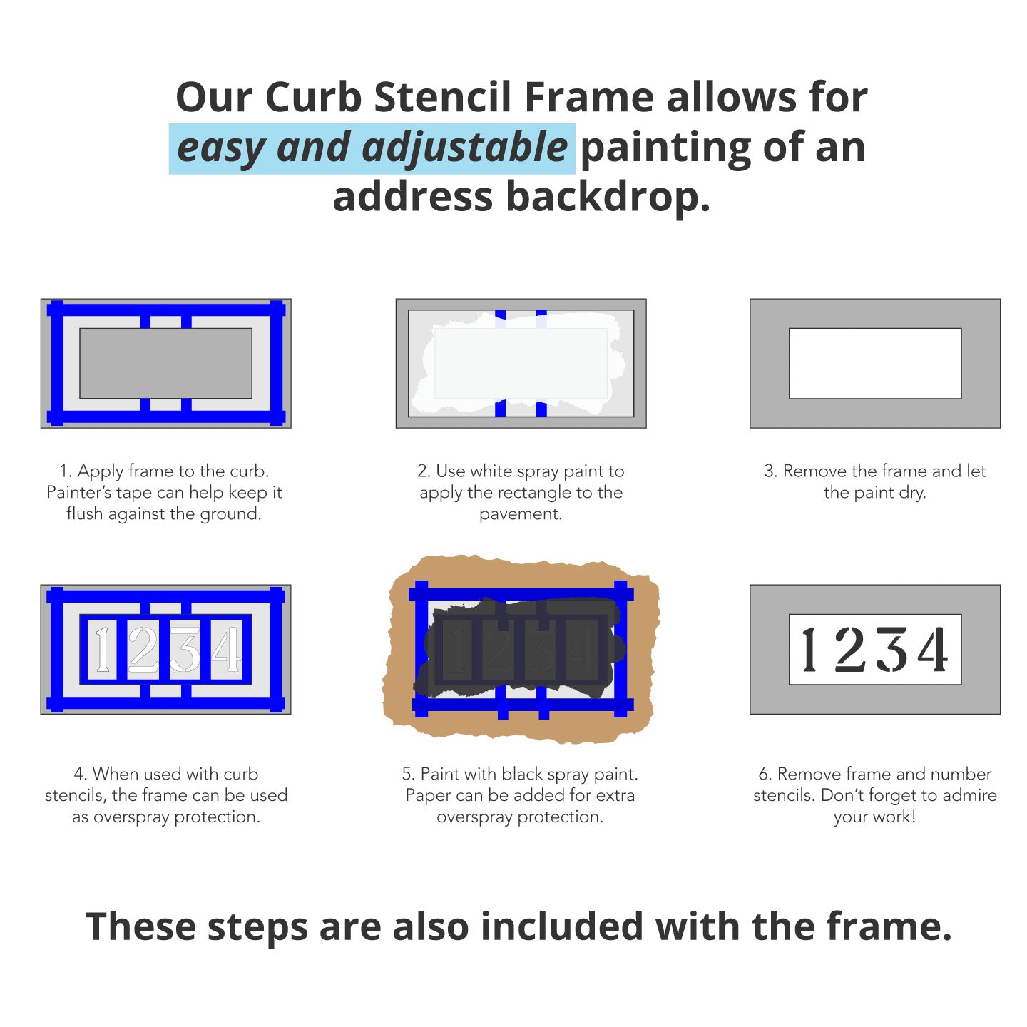 Curb Stencil Kit for Address Painting, All Numbers - 14 Mil Mylar Plastic  [4 Tall Numbers, 2 of Each] (Classic Stencil Font + Curb Frame)
