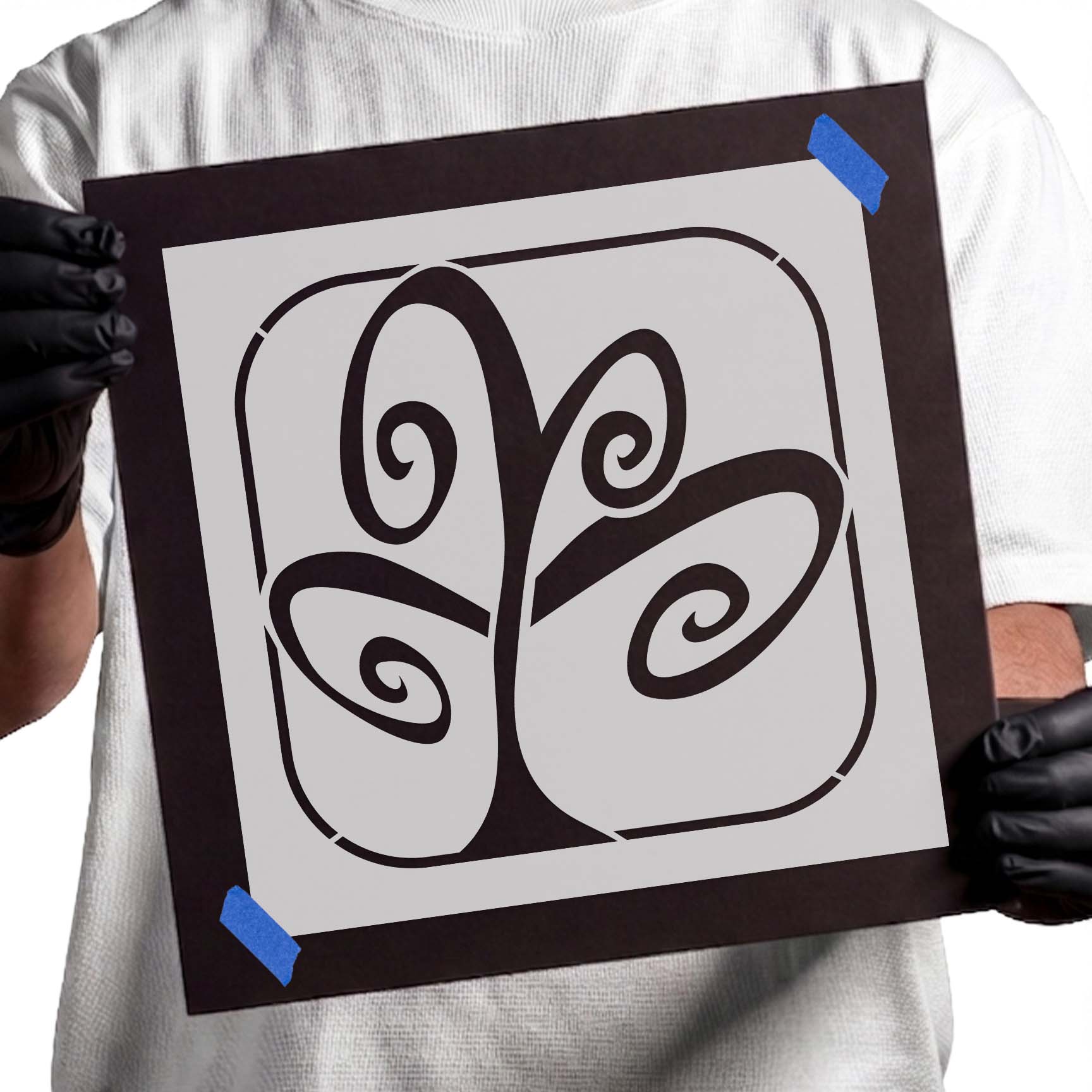 Curl tree stencil with four sweeping spiral branches