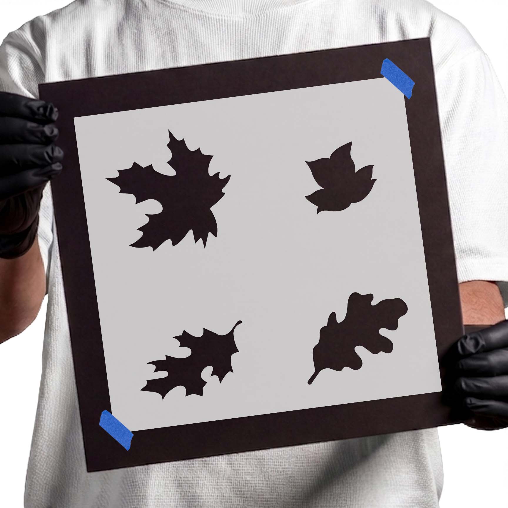 Deciduous leaves stencil with four varied leaf silhouettes