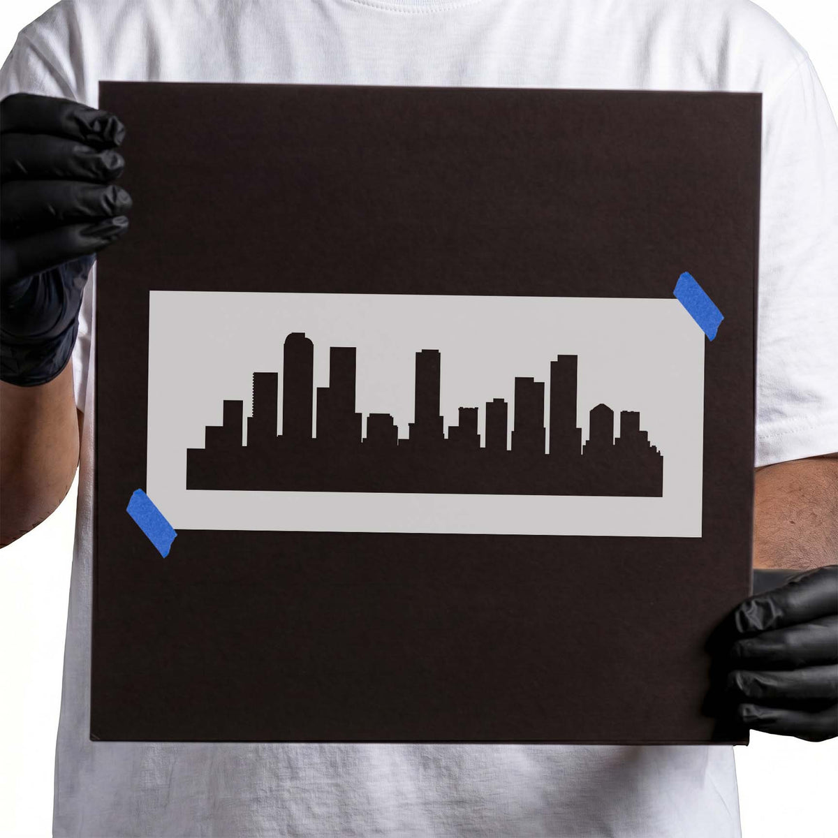 Denver skyline stencil with varied high-rise building silhouettes