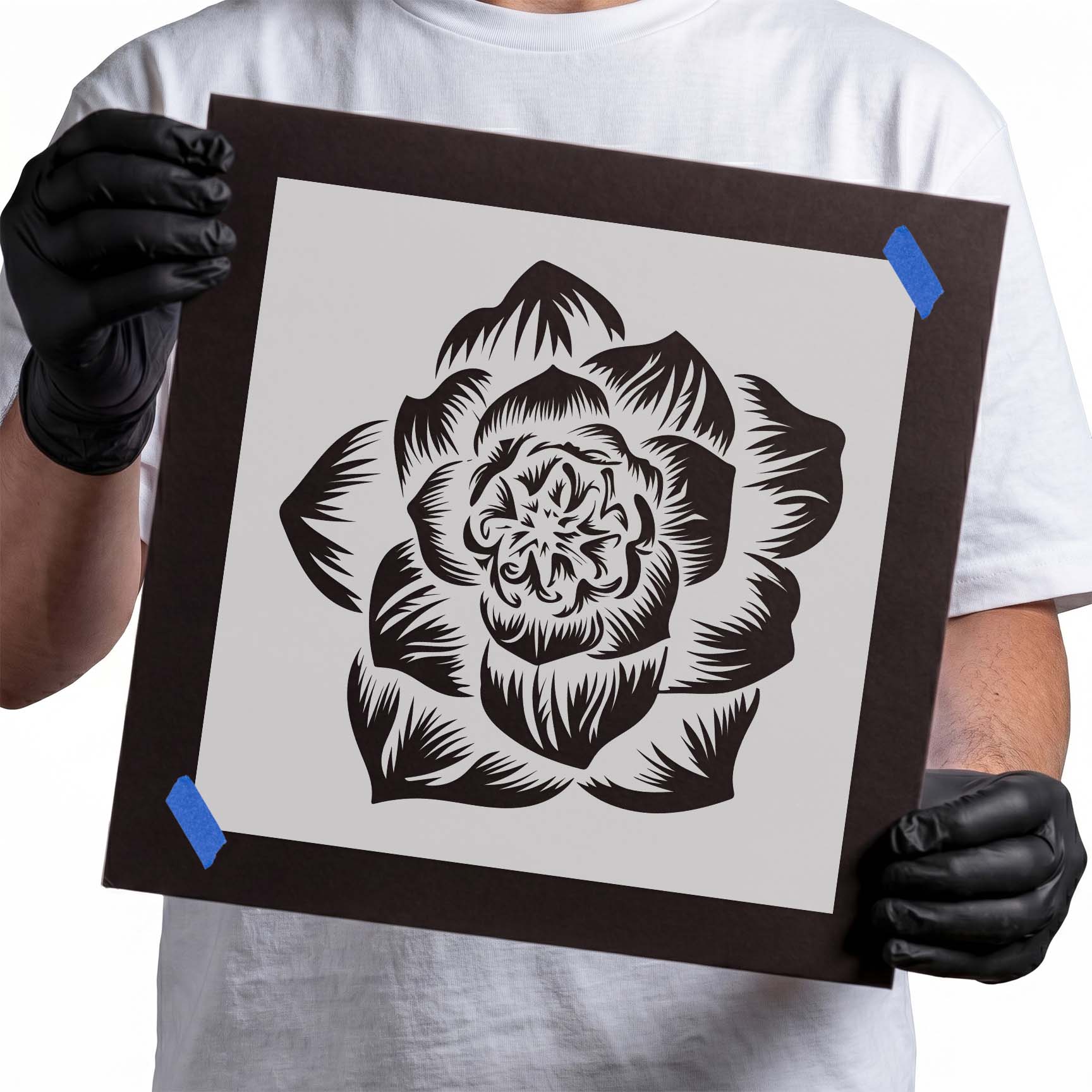 Detailed rose stencil with layered petals and intricate floral linework