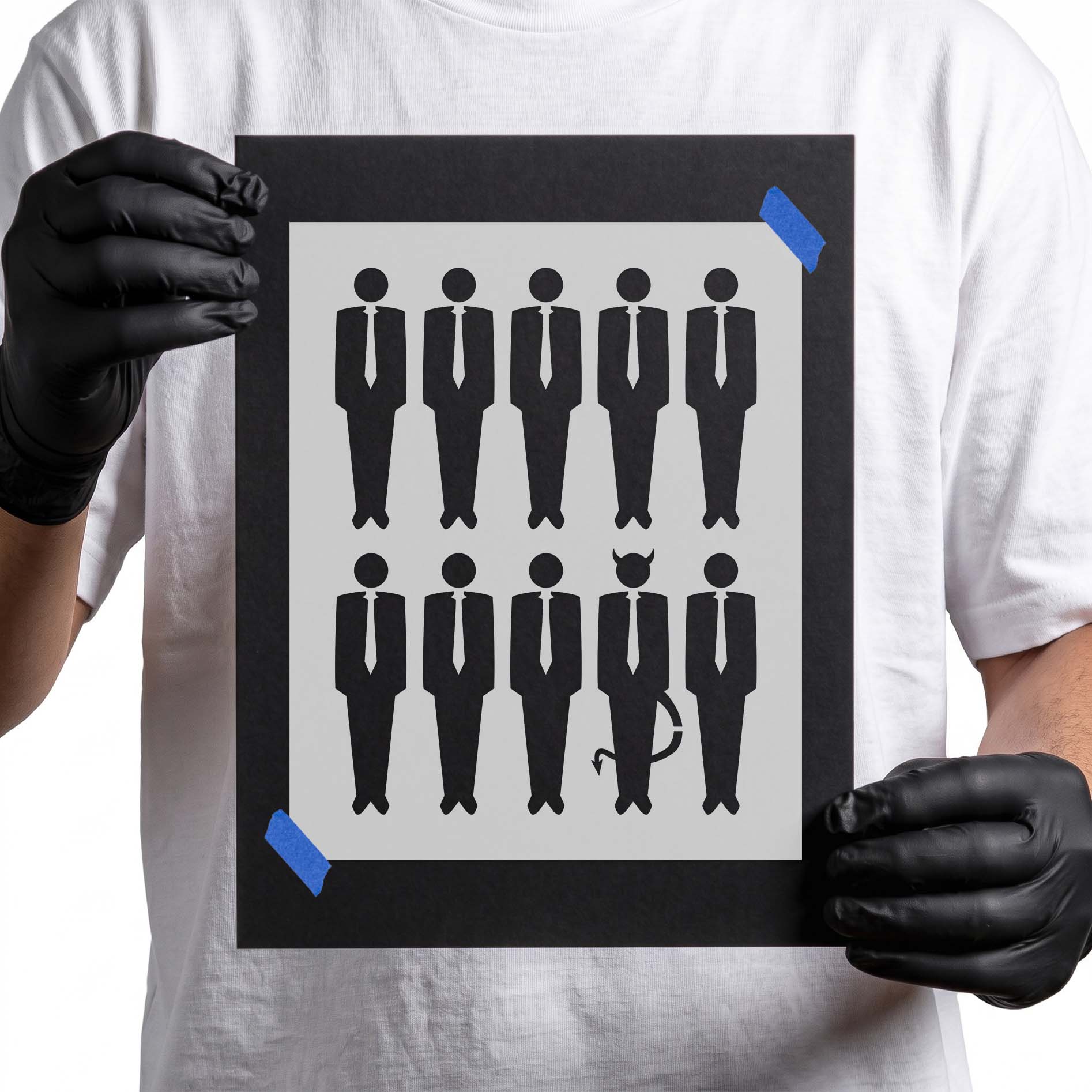 Suited figures stencil with one hidden horned devil and tail