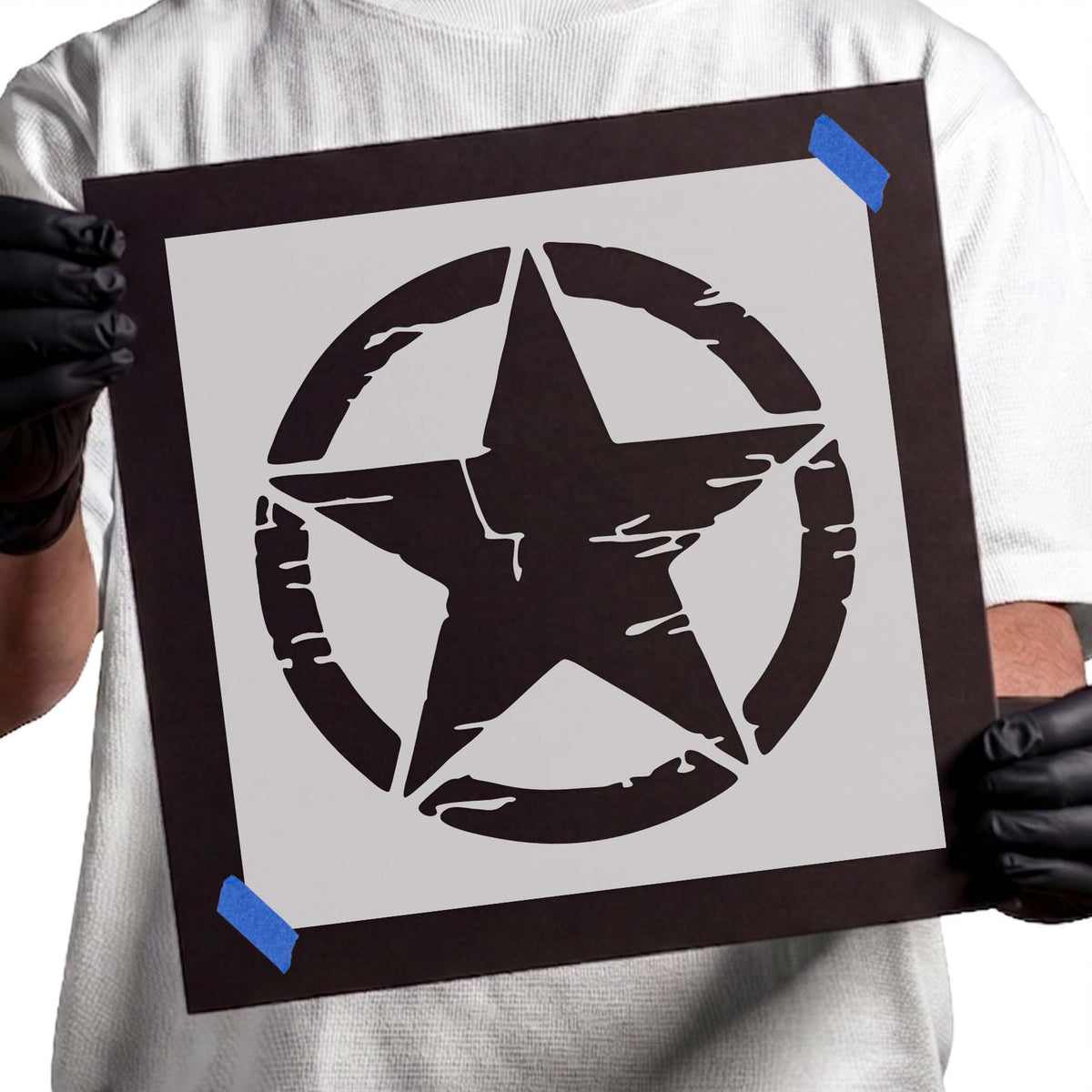 Distressed military star stencil with five-point star and worn circular border