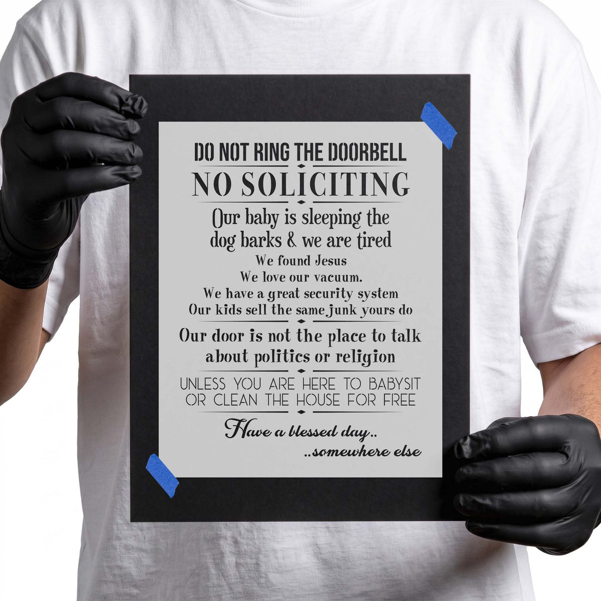 Do not ring doorbell stencil with no soliciting and humorous lettering