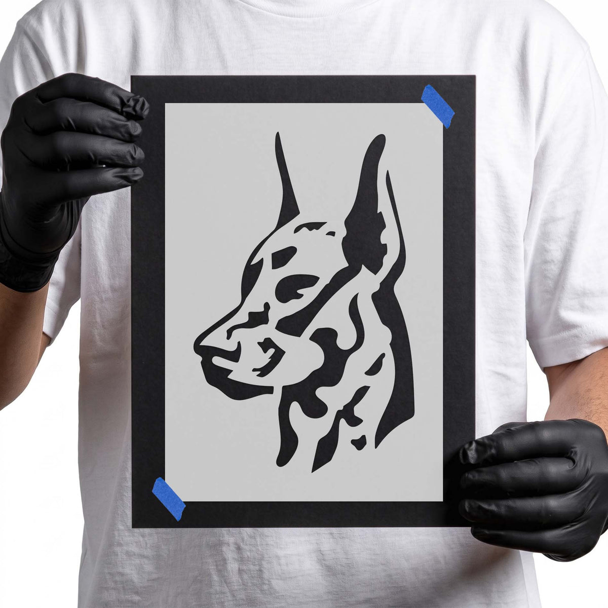 Doberman stencil with upright ears and detailed side profile