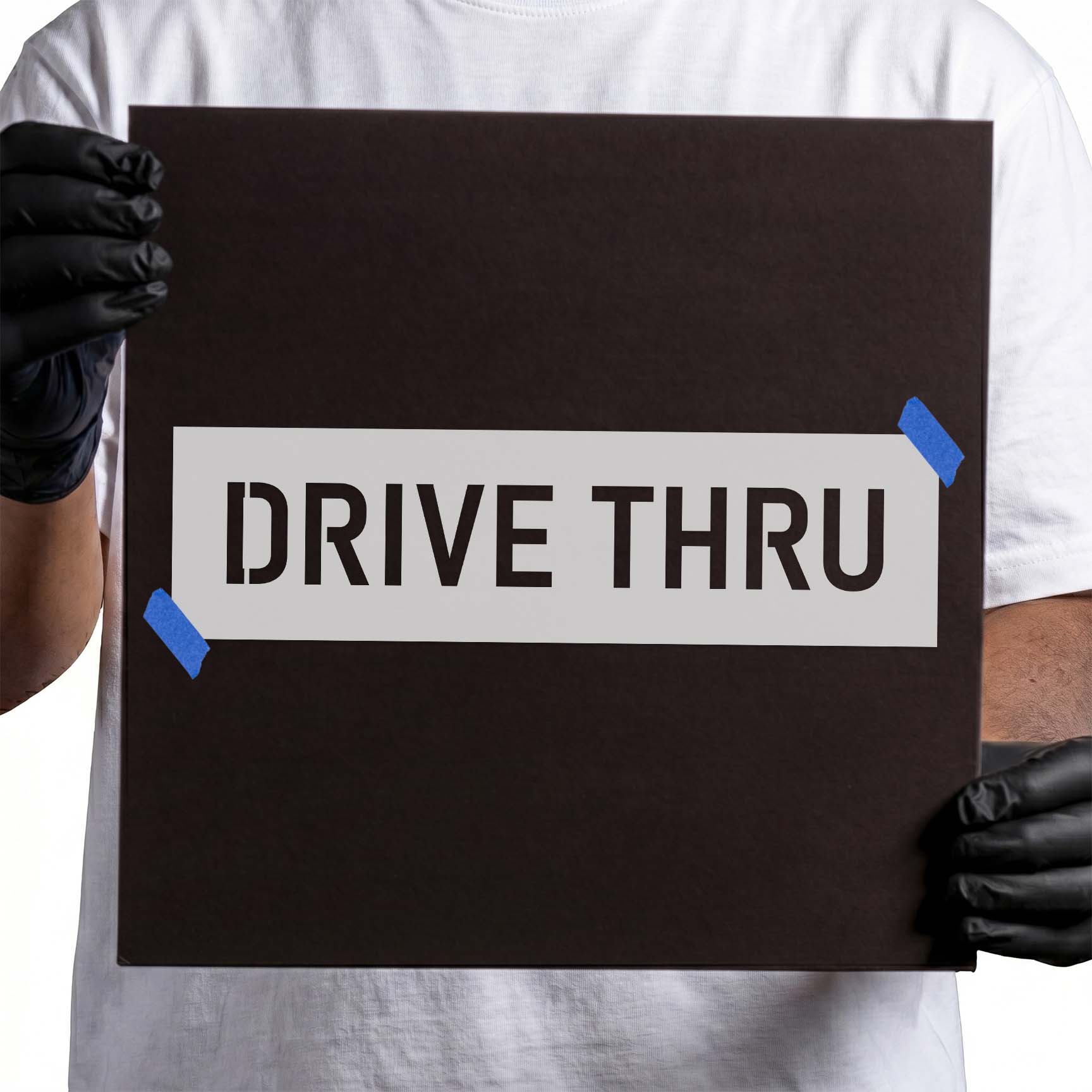 Drive thru stencil with bold uppercase directional lettering