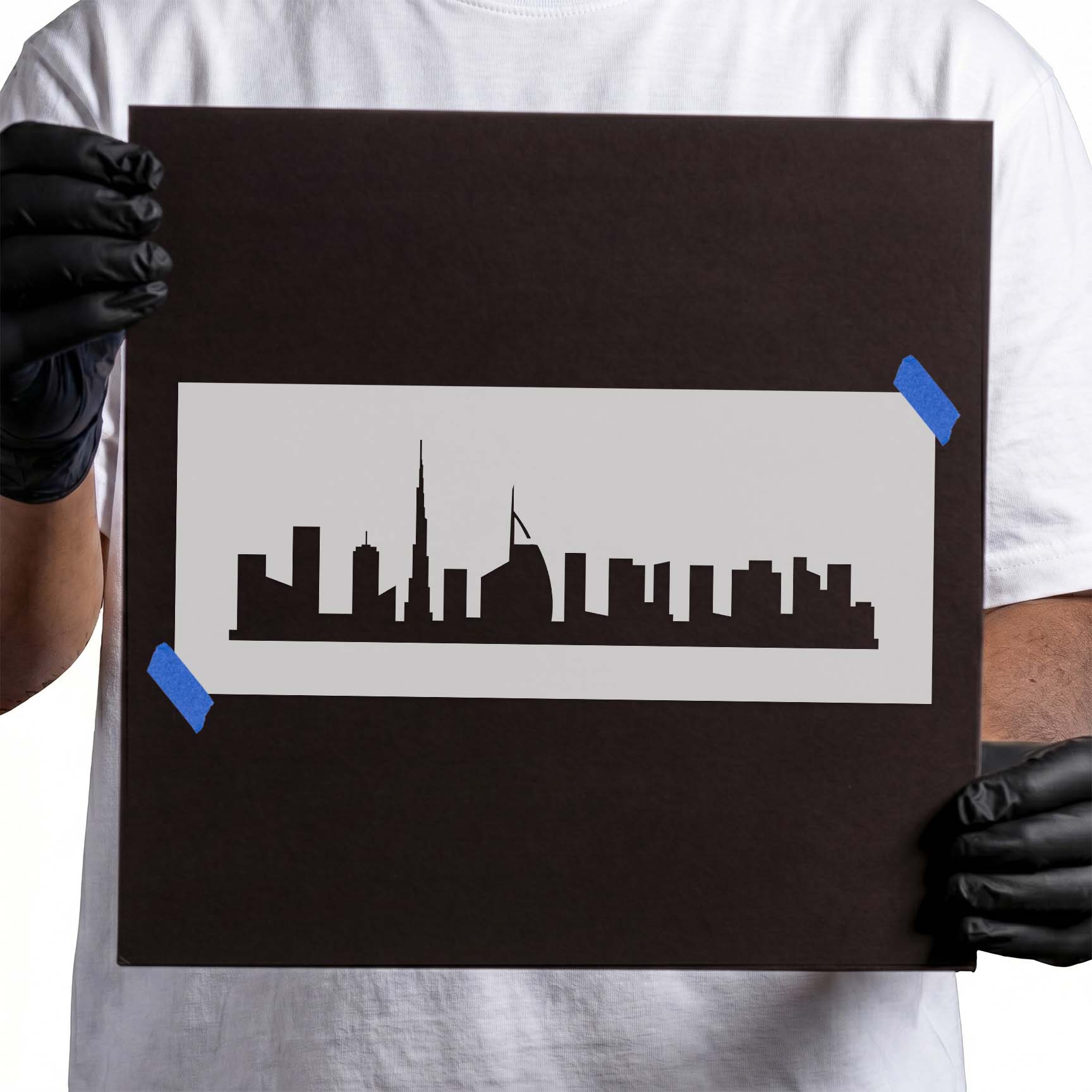 Dubai skyline stencil with skyscrapers and distinctive soaring towers