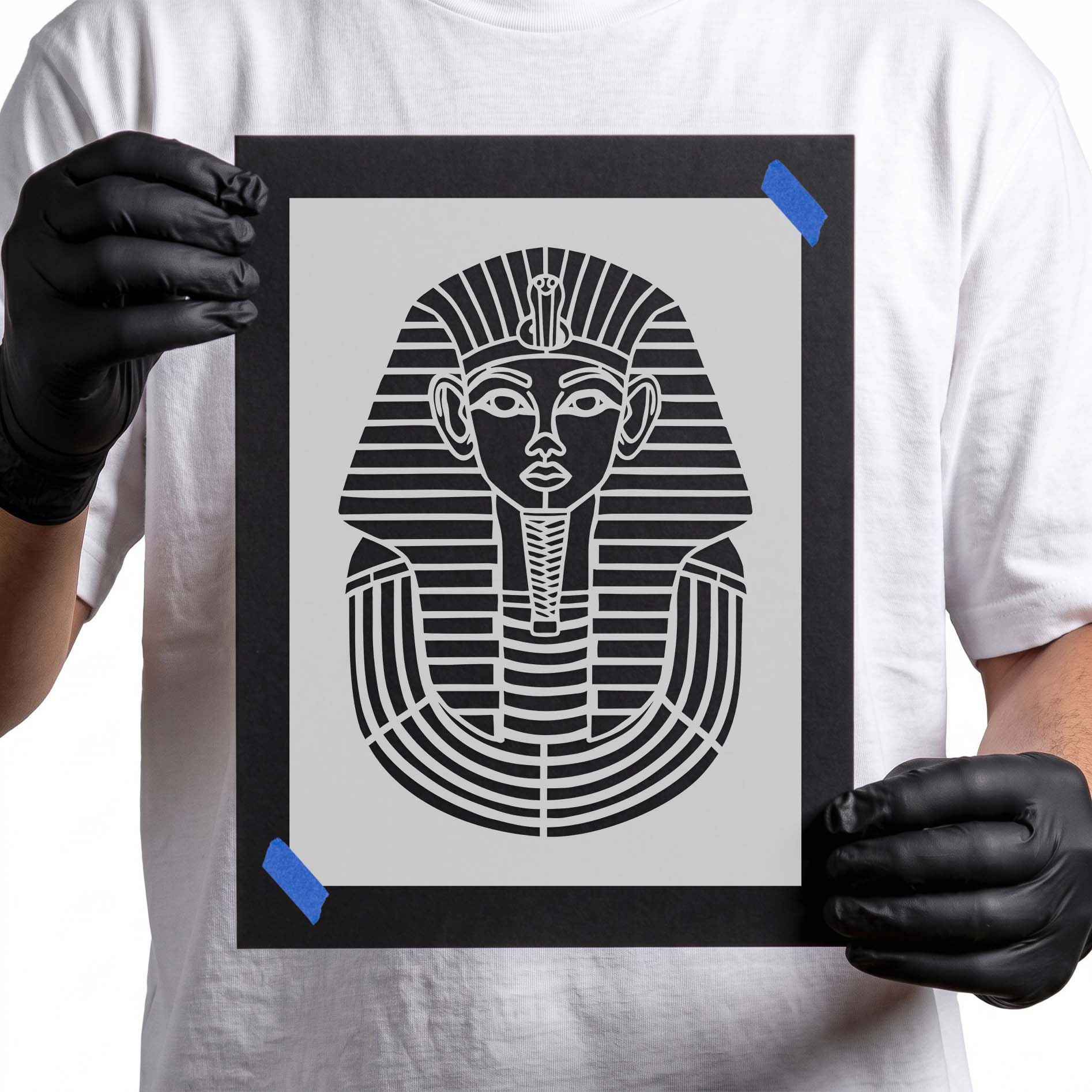 Egyptian pharaoh stencil with striped royal headdress and cobra symbol