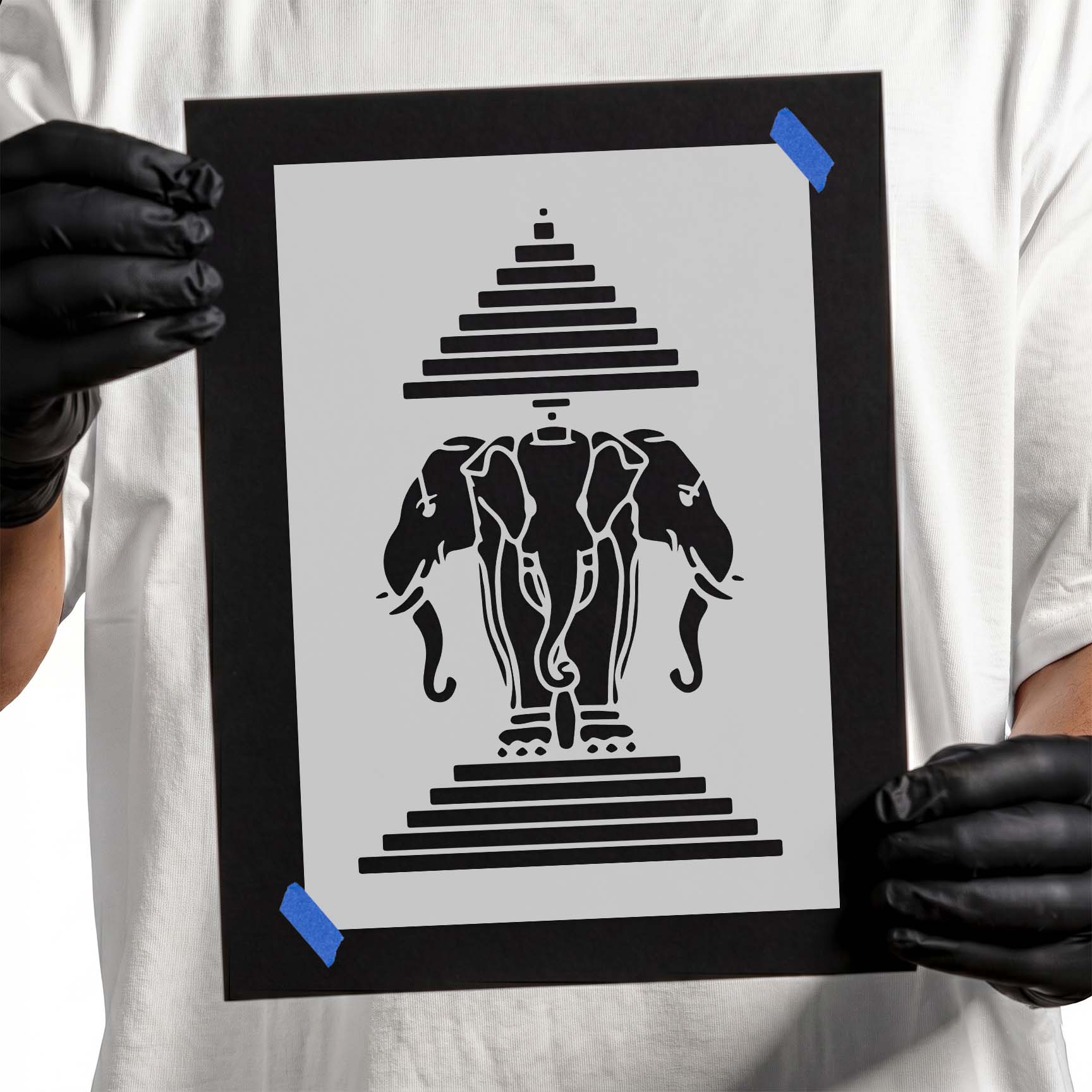 Three elephant stencil design framed by tiered geometric lines
