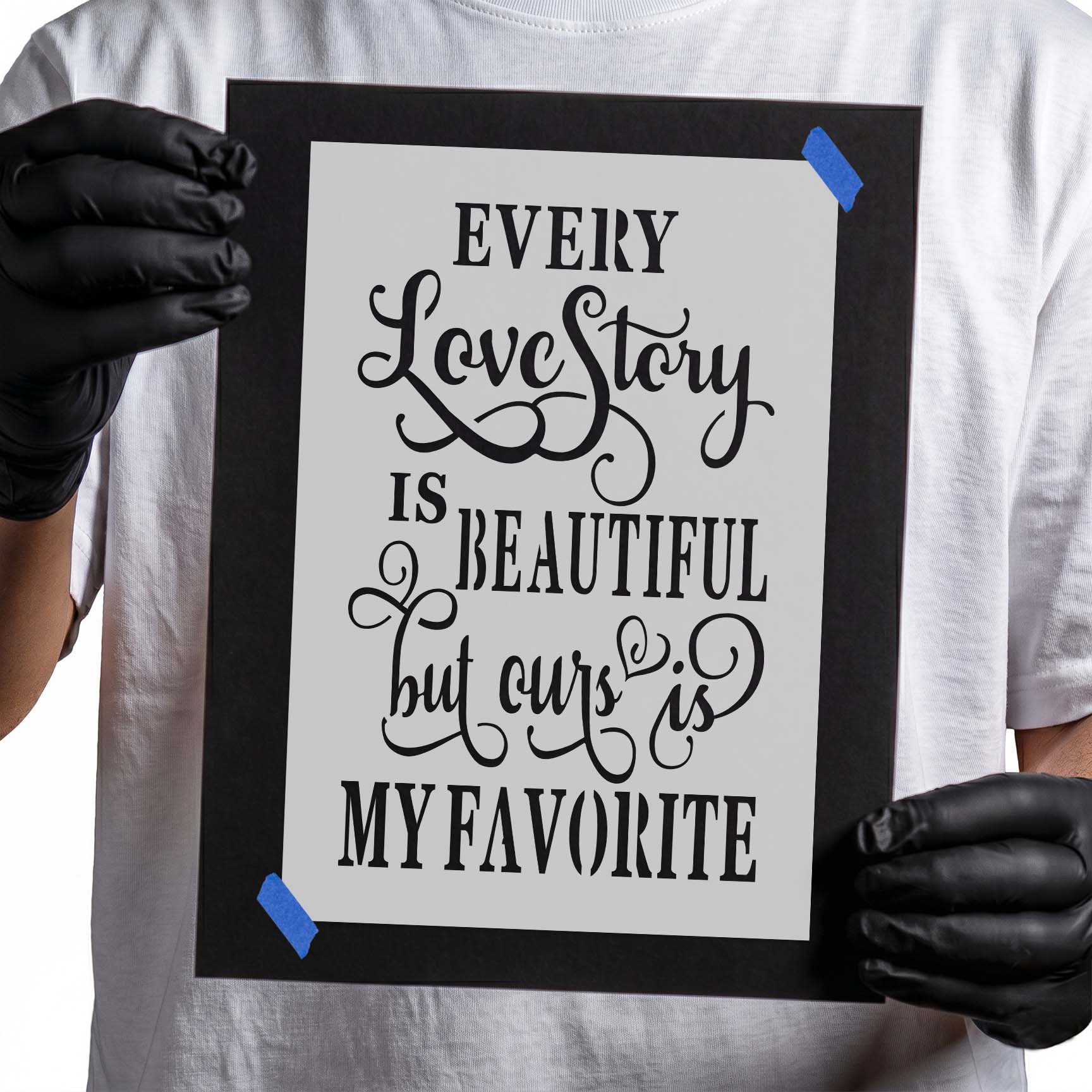 Romantic love story quote stencil with script lettering and flourishes