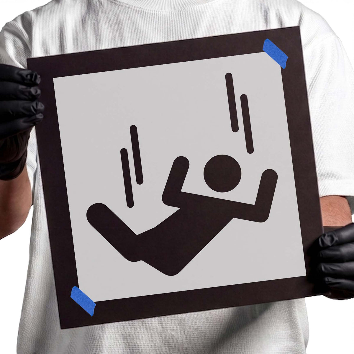 Falling person safety symbol stencil with descending motion lines