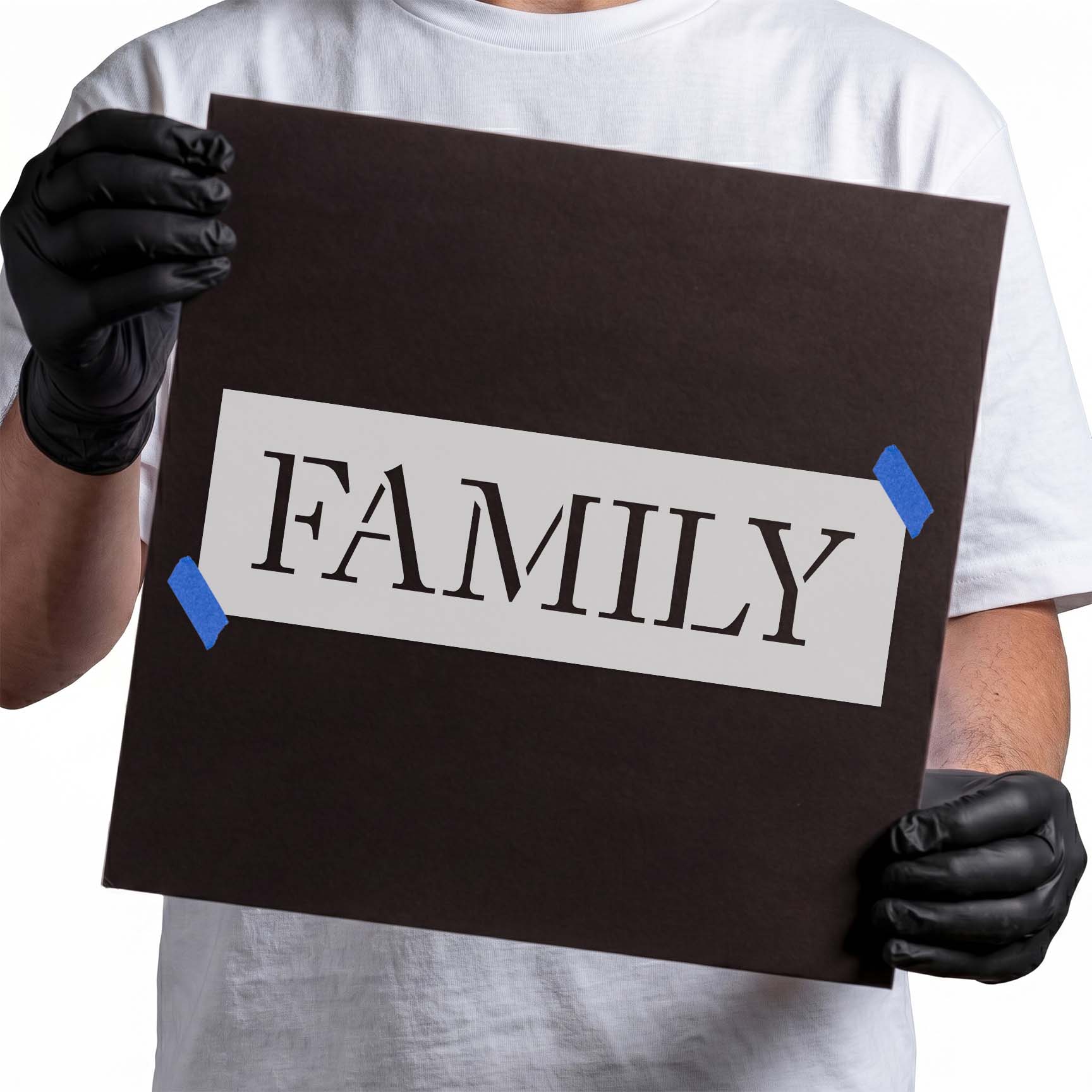 Family word stencil with large uppercase serif lettering