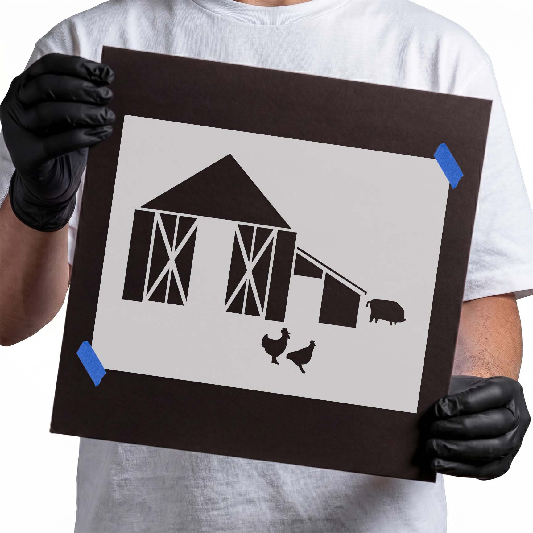 Farmhouse stencil with barn chickens and pig silhouettes