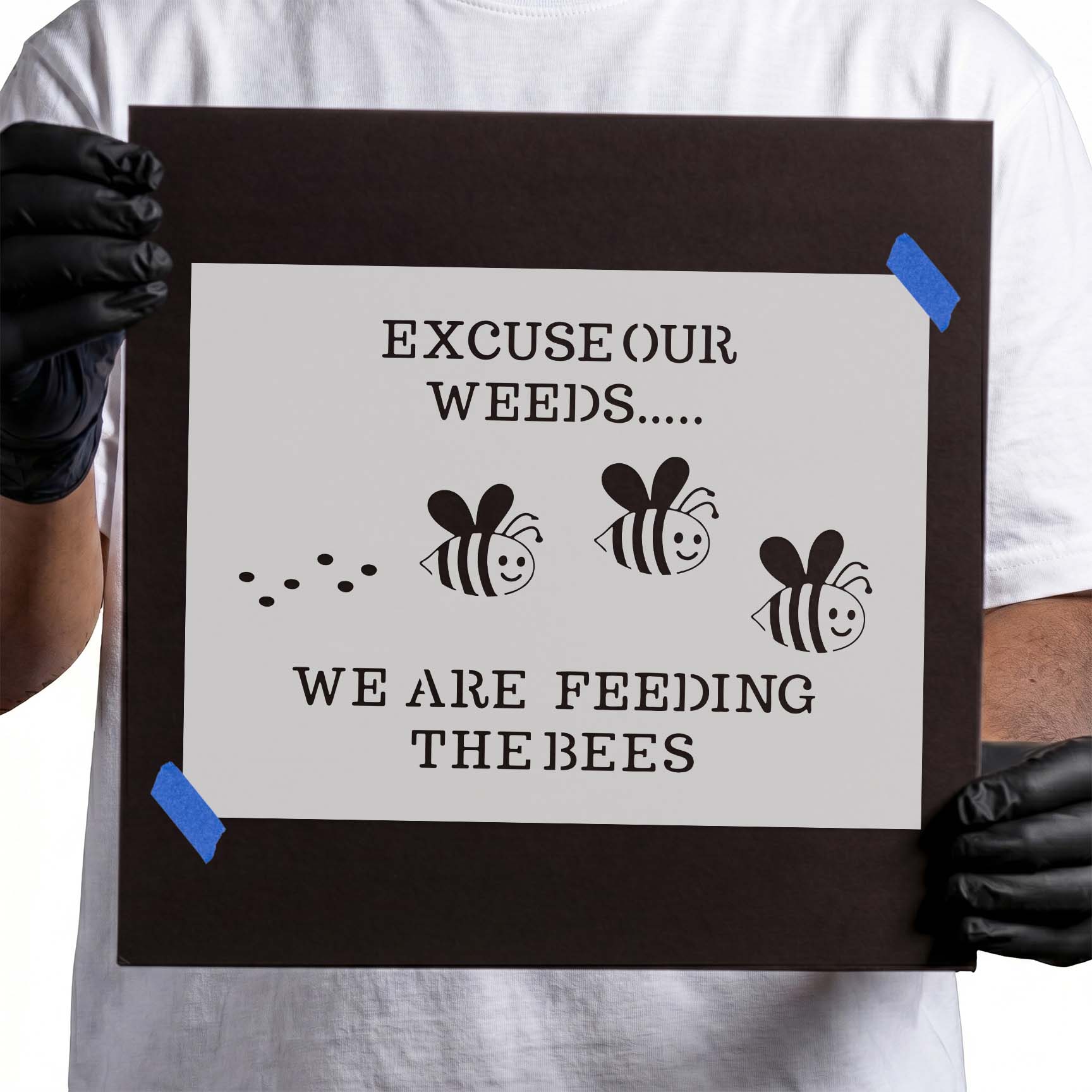 Feeding bees stencil with garden quote and three smiling bees