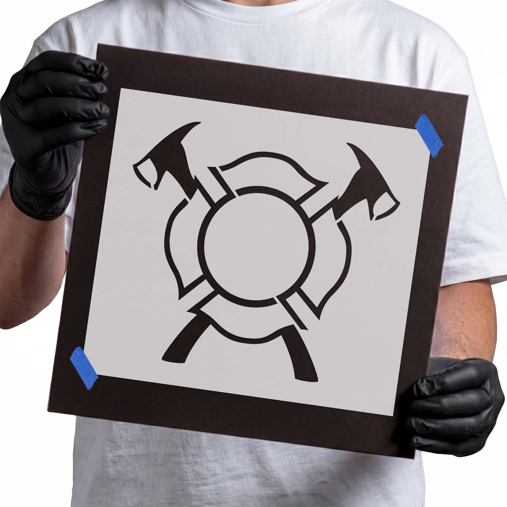 Fire department stencil with Maltese cross and crossed axes design