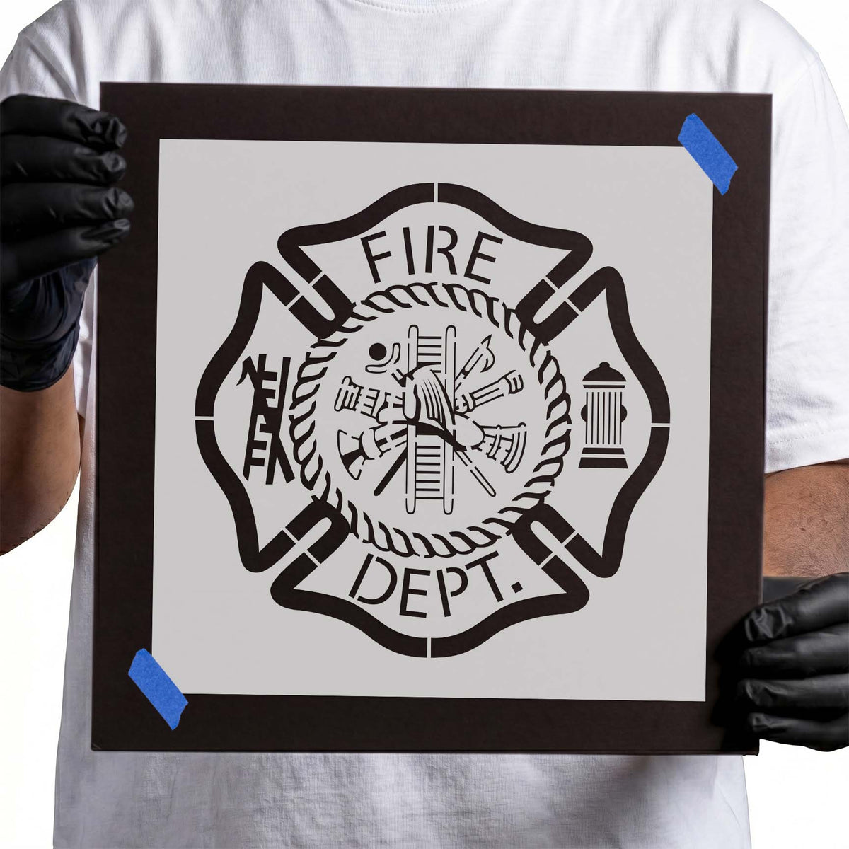 Fire department symbol stencil with firefighting tools ladder and hydrant