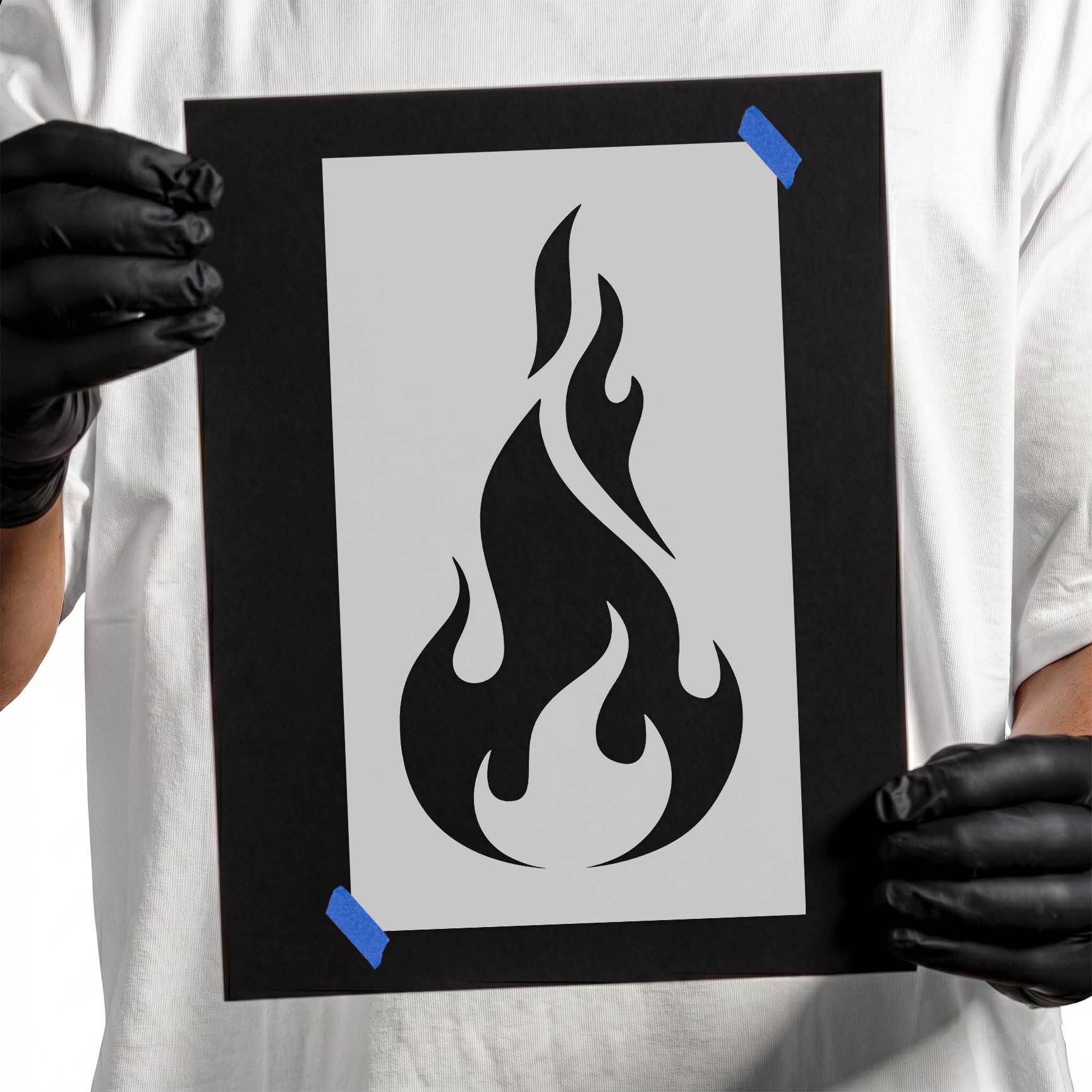 Fire stencil featuring a bold layered rising flame symbol