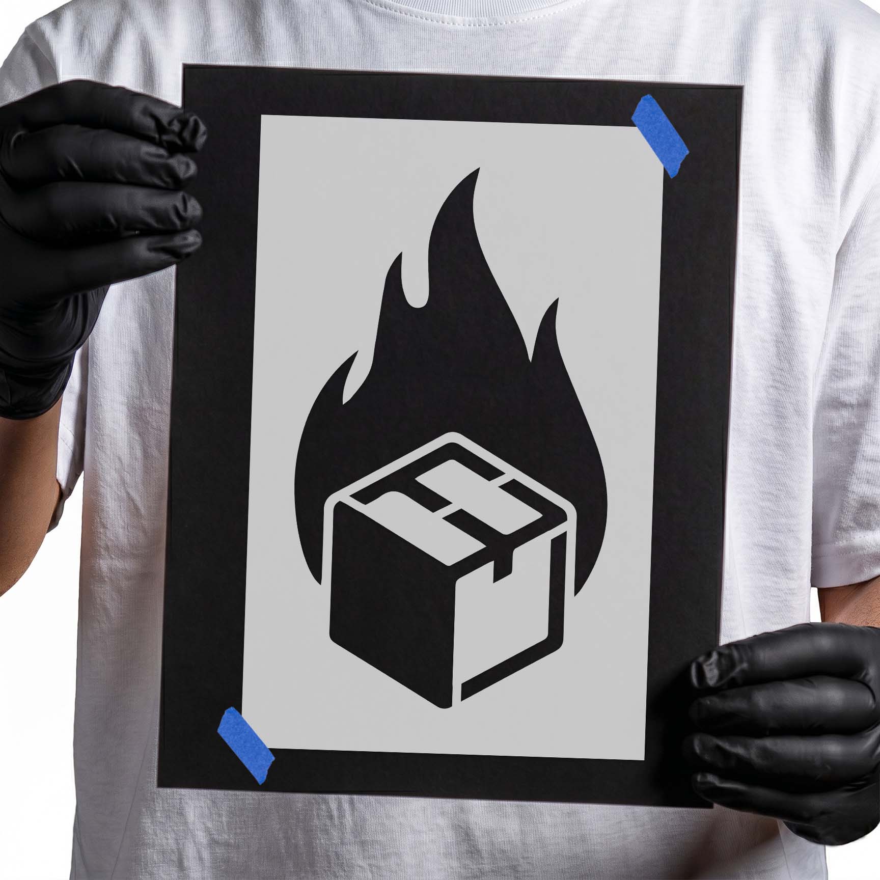 Flammable box symbol stencil with flame and shipping package icon
