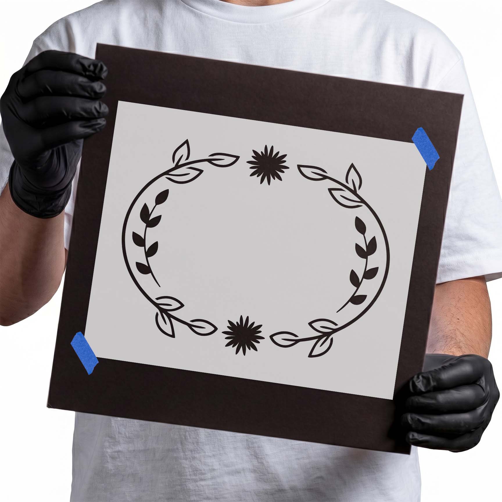 Floral frame stencil with curved leafy branches and flowers