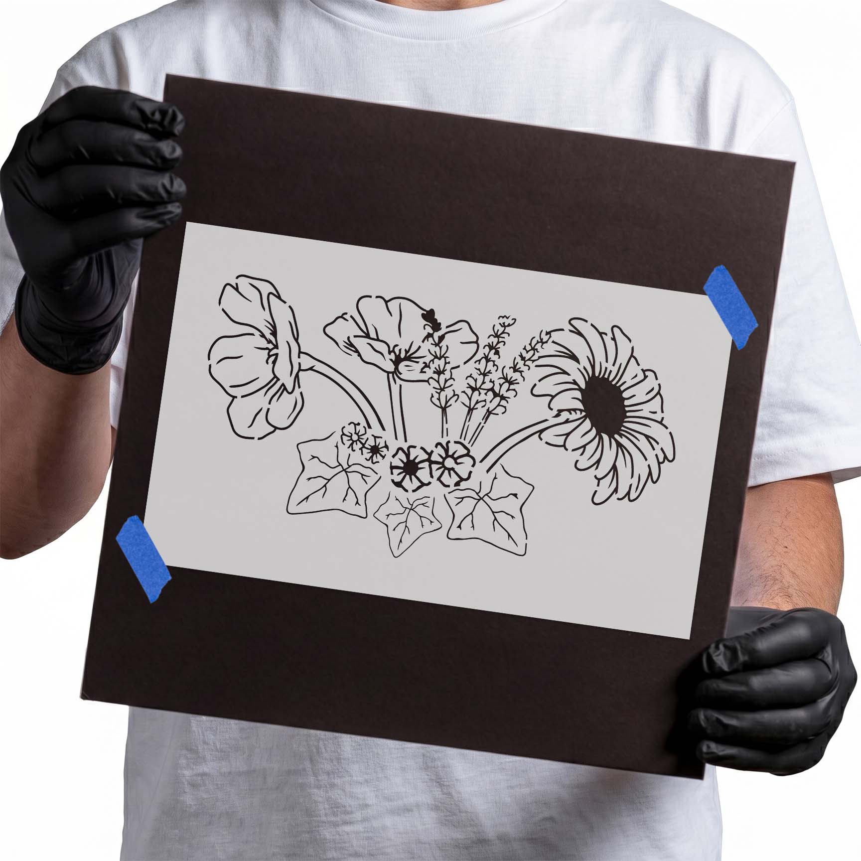 Botanical flower arrangement with ivy leaves stencil