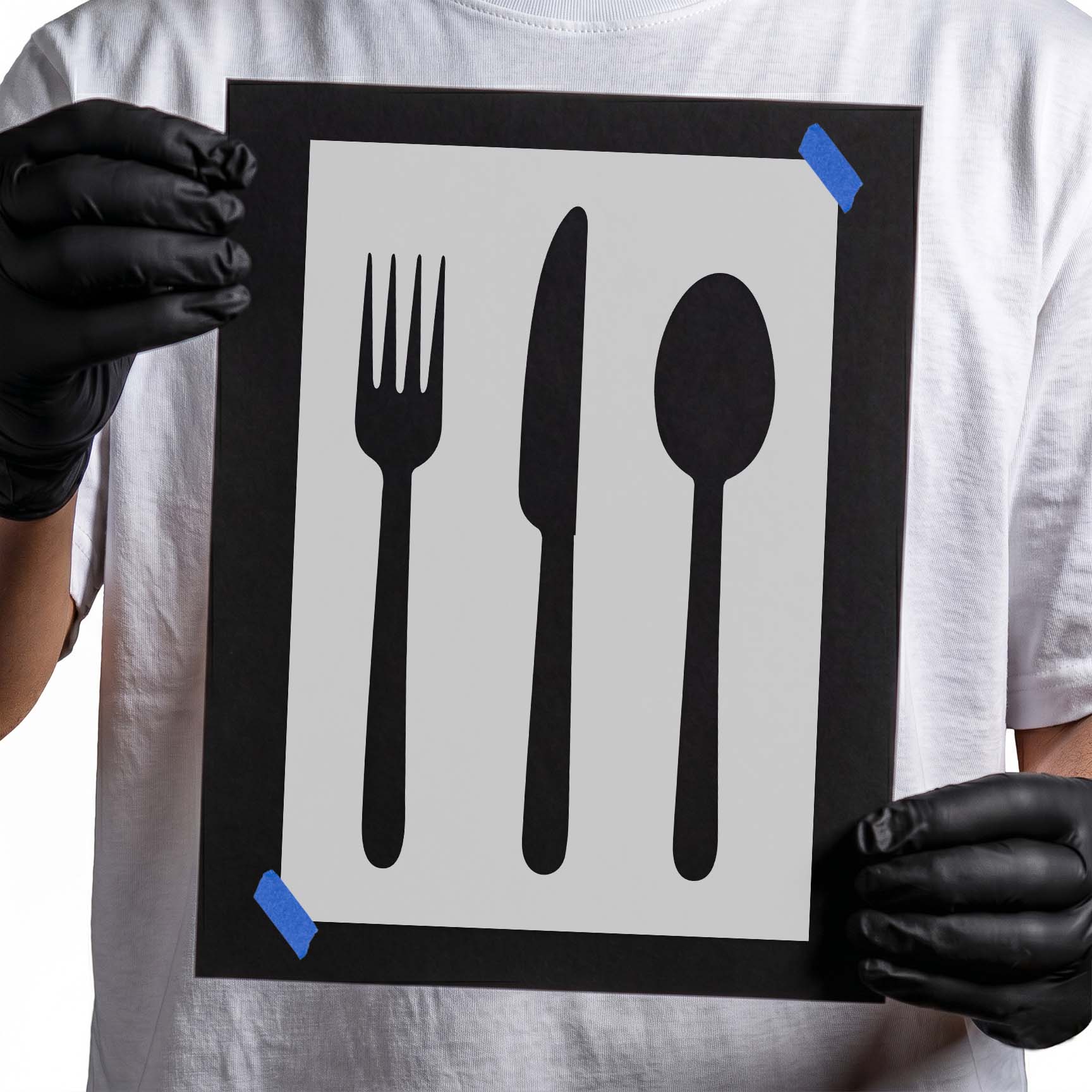 Fork knife and spoon stencil with three upright utensil silhouettes