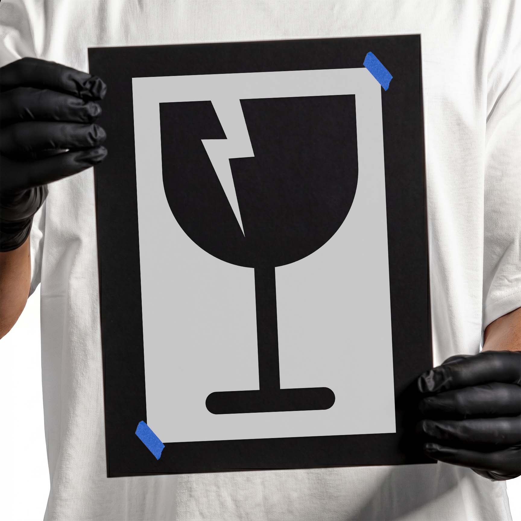 Fragile stencil featuring a cracked stemmed glass symbol