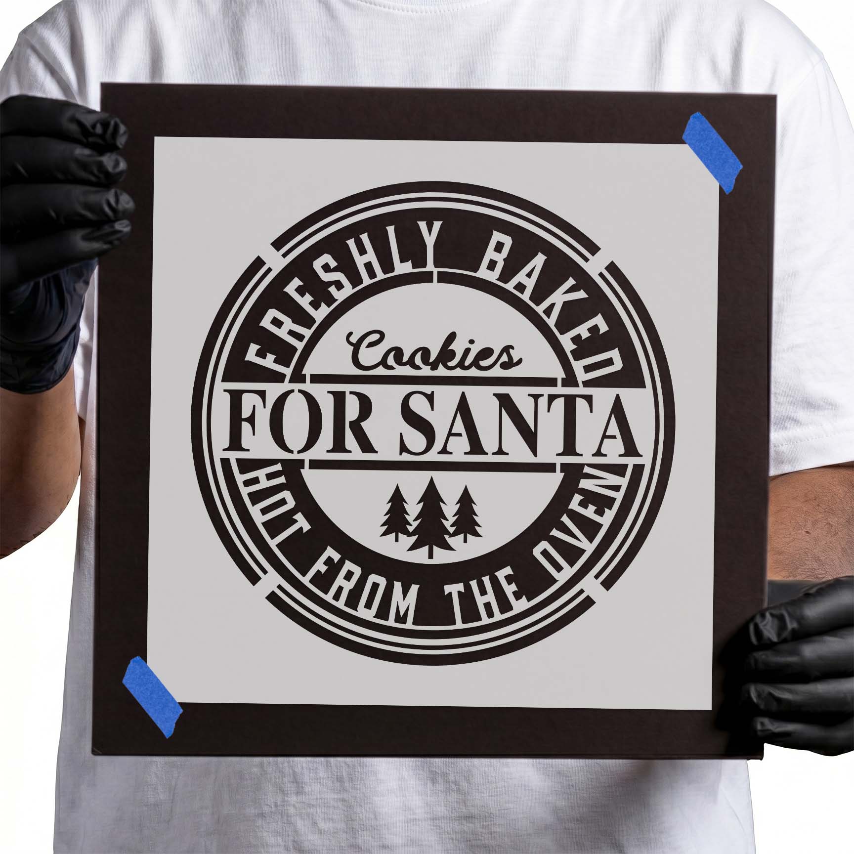 Cookies for Santa stencil with circular lettering and evergreen trees