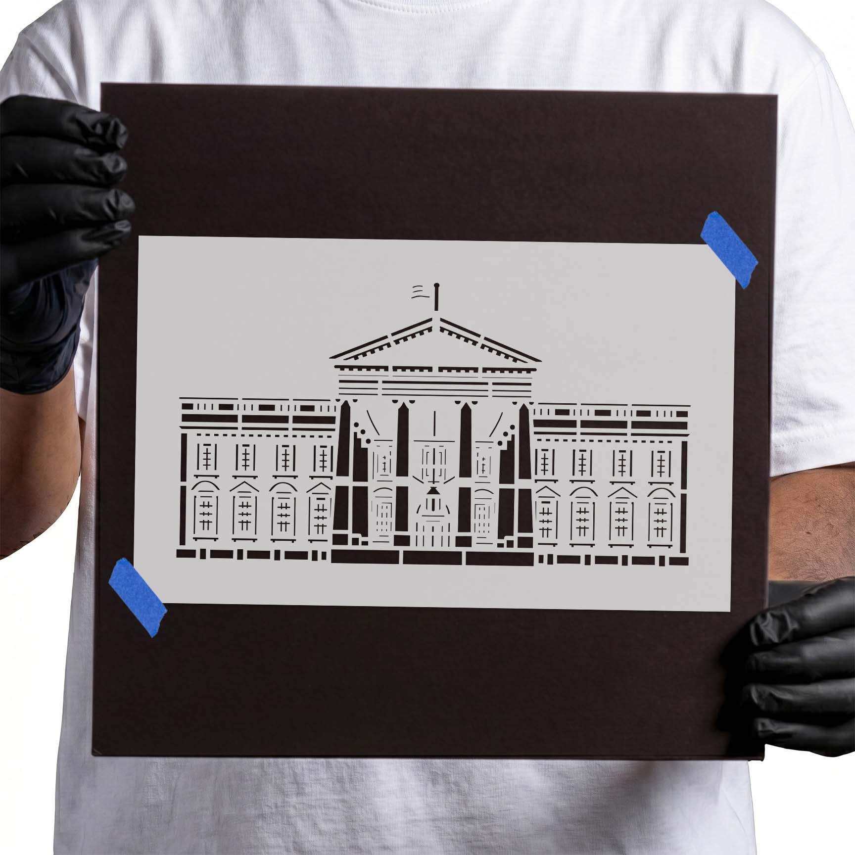 White House stencil showing detailed front façade with columns and flag