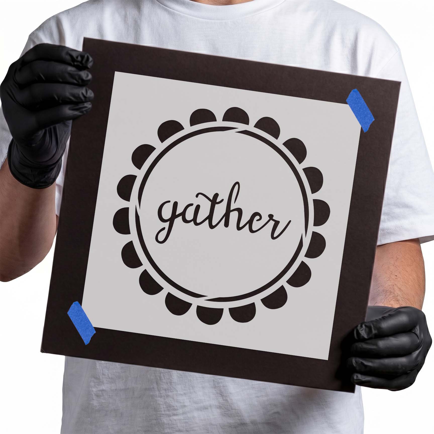 Gather stencil with script lettering and circular scalloped border