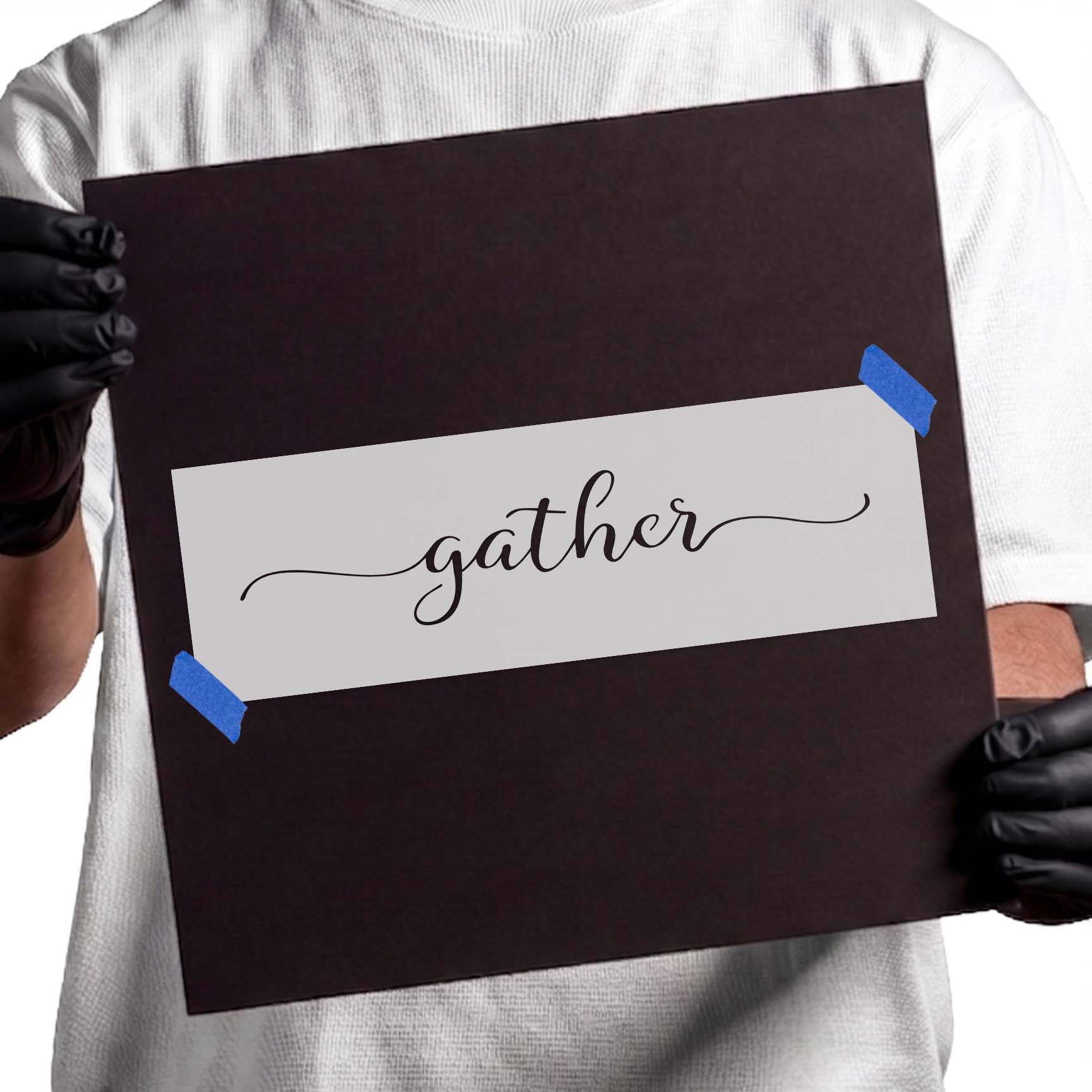 Cursive gather stencil lettering with sweeping decorative flourishes