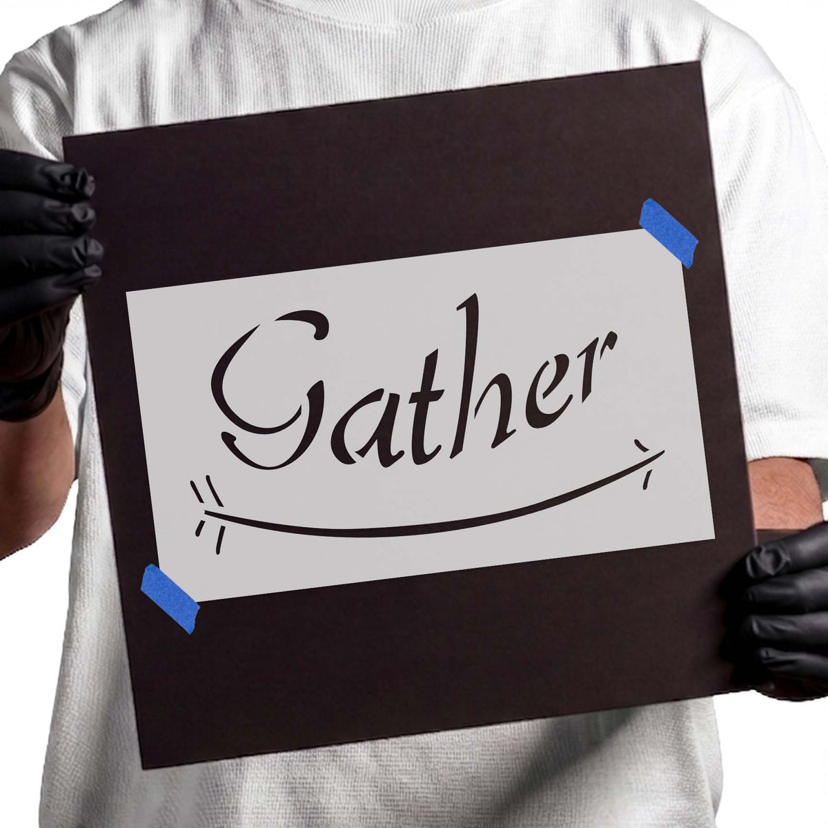 Gather script stencil with long curved arrow underneath
