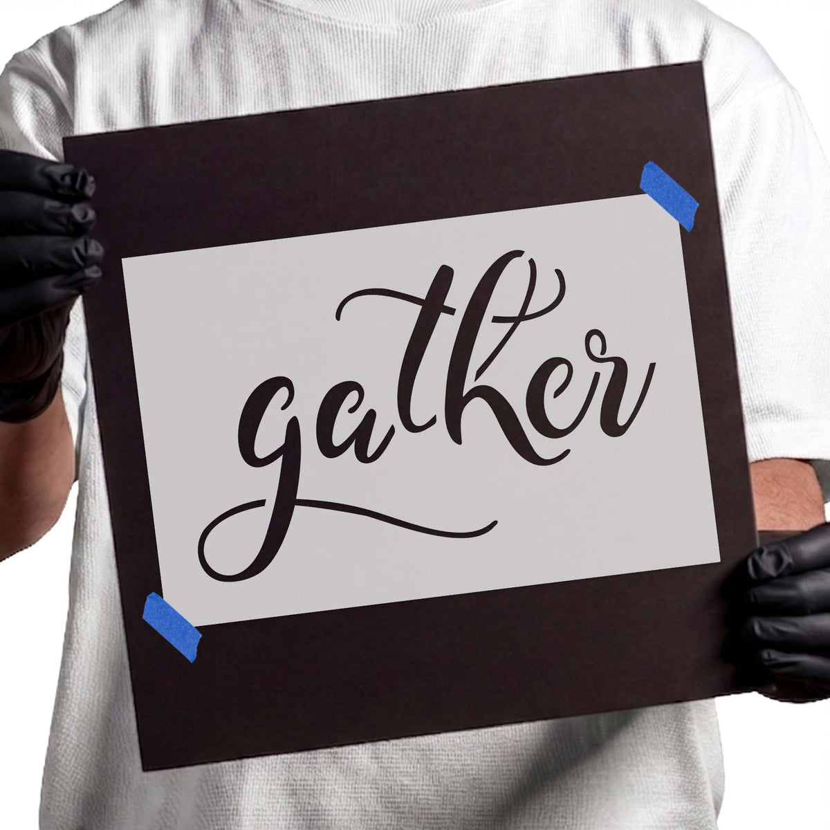 Gather stencil with flowing script lettering and decorative flourishes