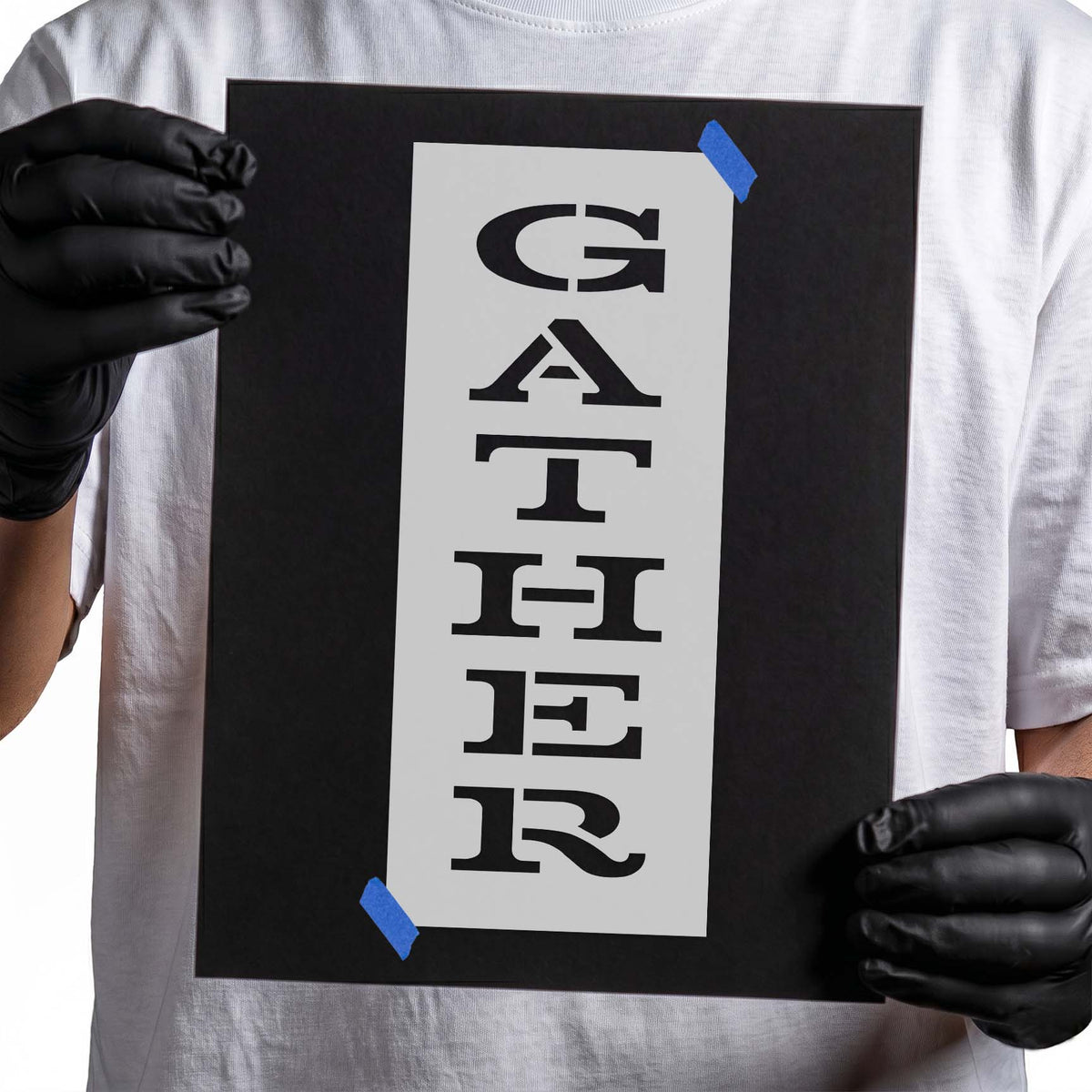 Gather stencil with bold serif letters arranged in a vertical layout