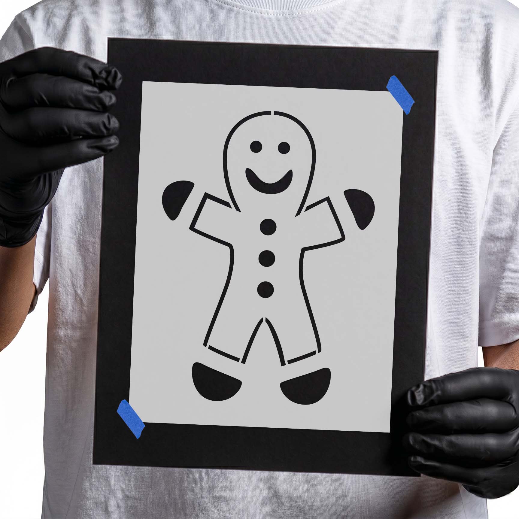 Cheerful gingerbread man stencil with smiling face and round buttons