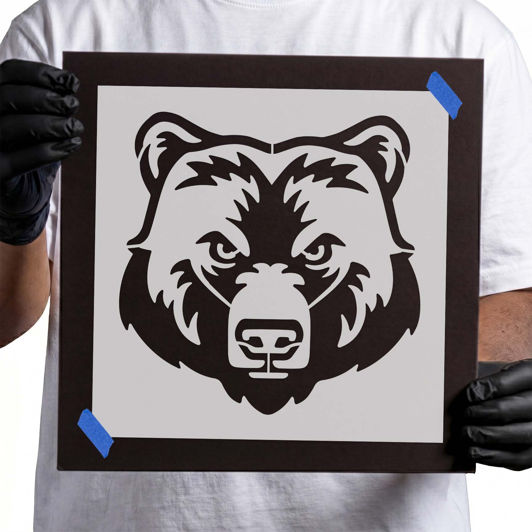 Front-facing grizzly bear head stencil with detailed facial features