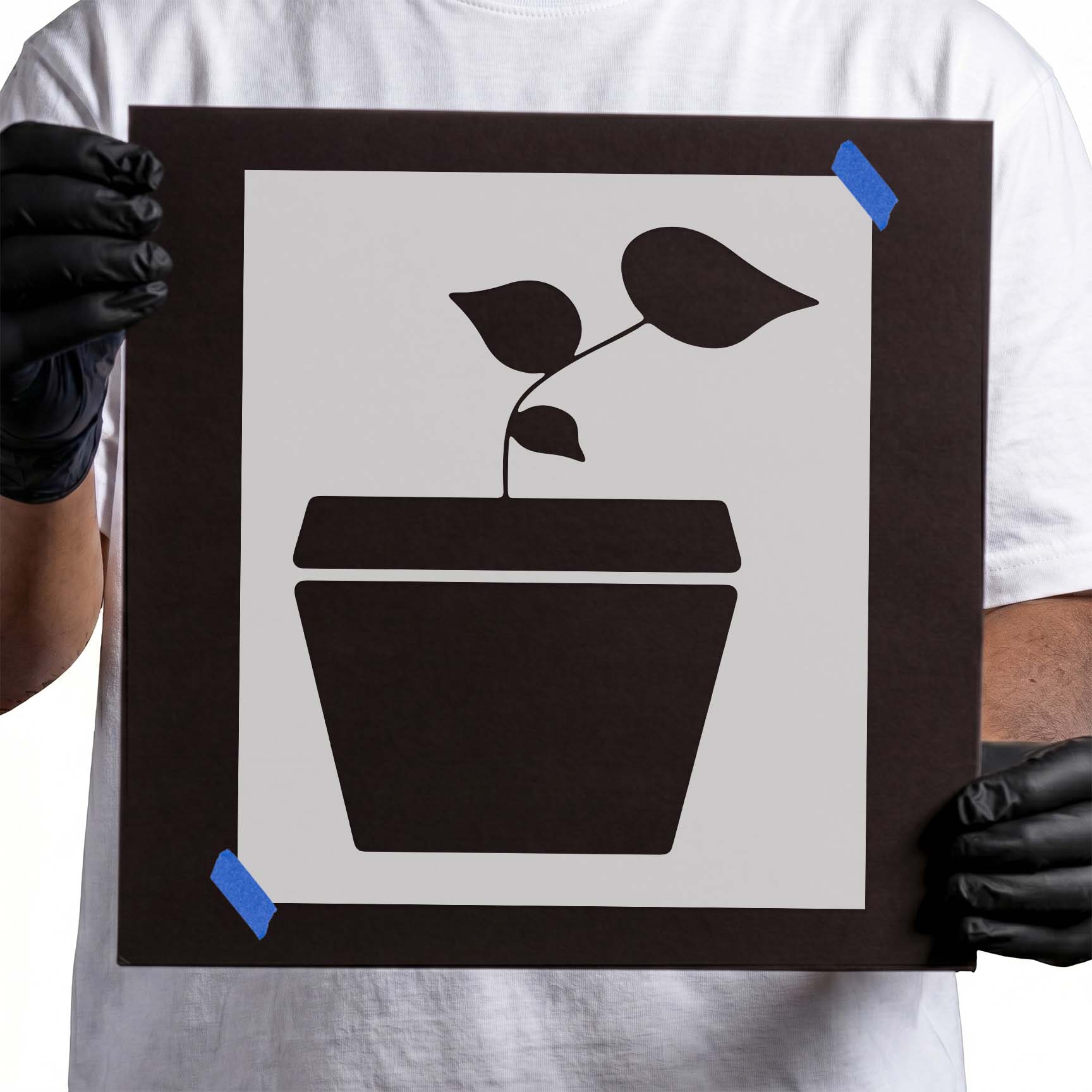 Potted plant stencil with young stem and three leaves