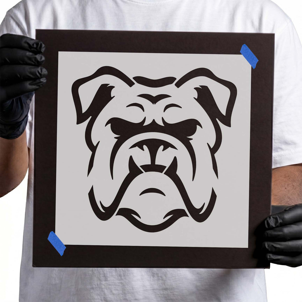 Grumpy bulldog face stencil with furrowed brow and broad muzzle