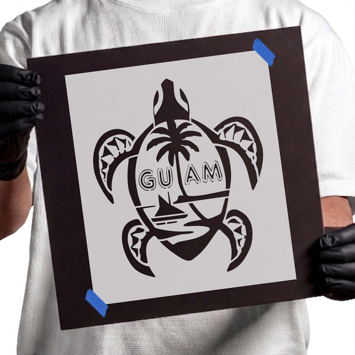 Guam turtle stencil with tropical details and sailboat design