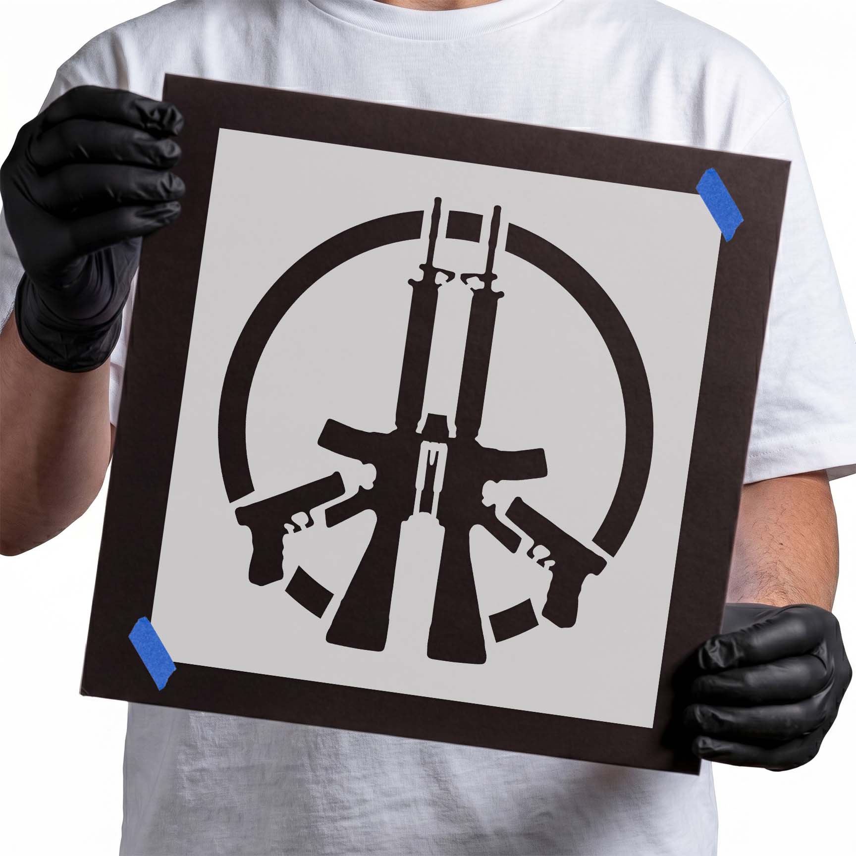Peace sign stencil formed with mirrored firearm silhouettes